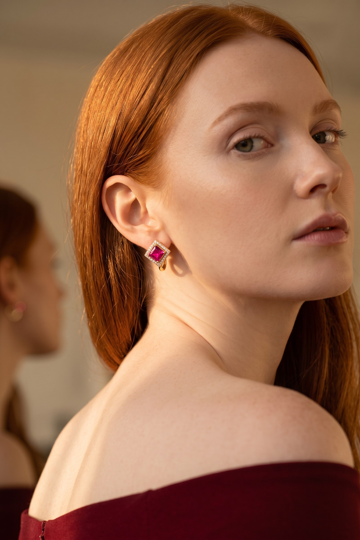 Zircon and Pink Stone Earrings 14 Carat