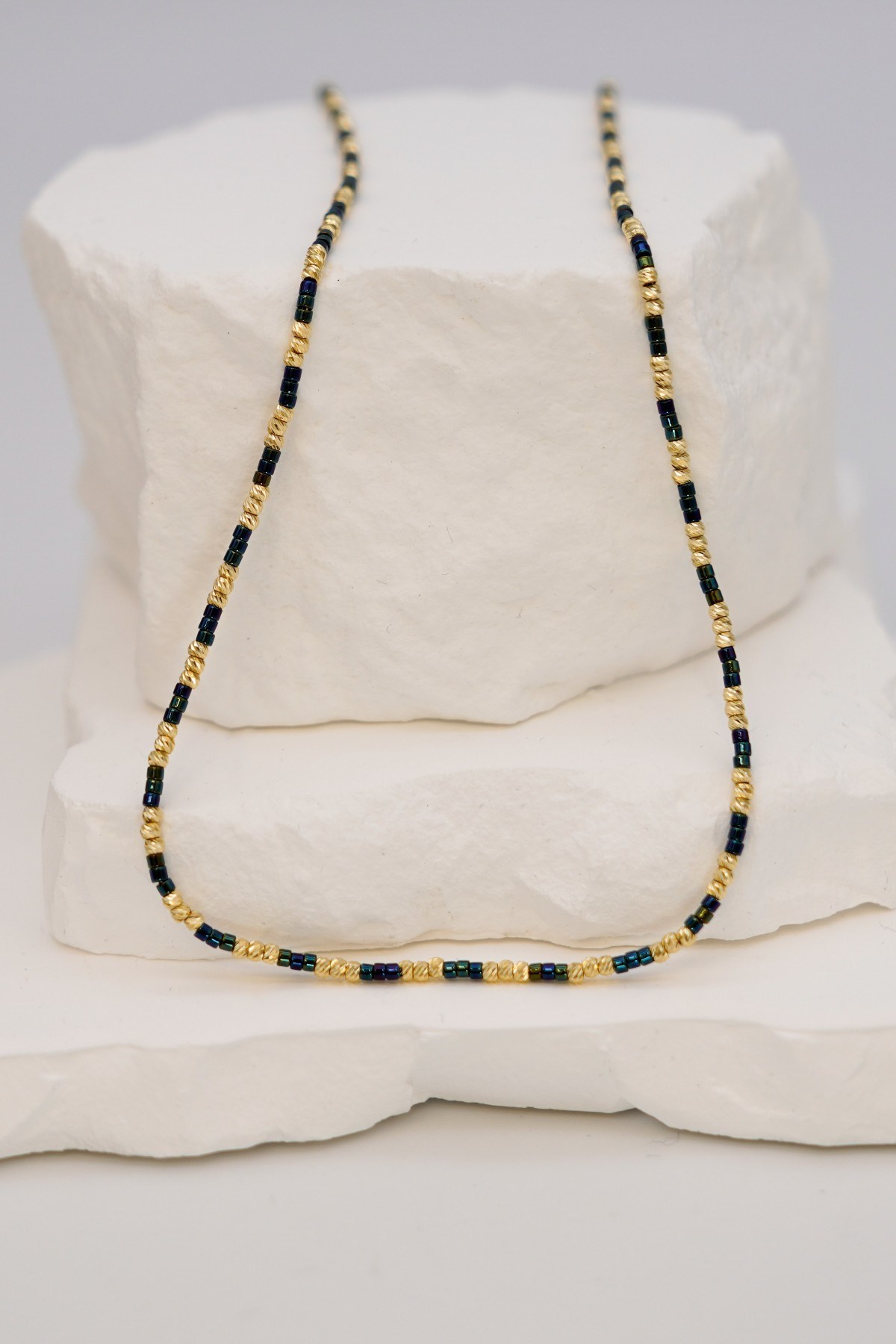Navy Blue Beaded Dorica Necklace 14 Carat