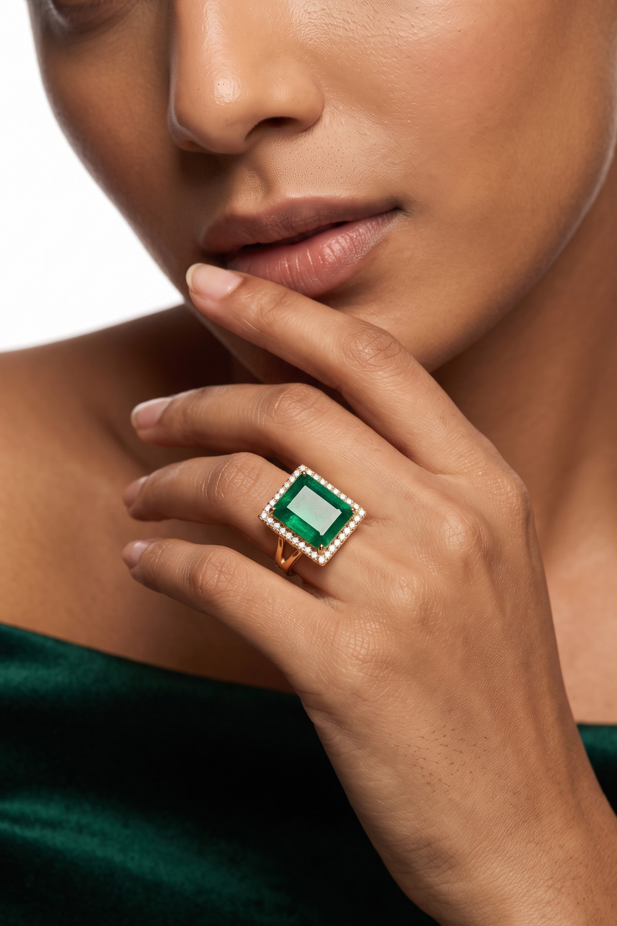 Green Square Stone Diamond Ring 14 Carat