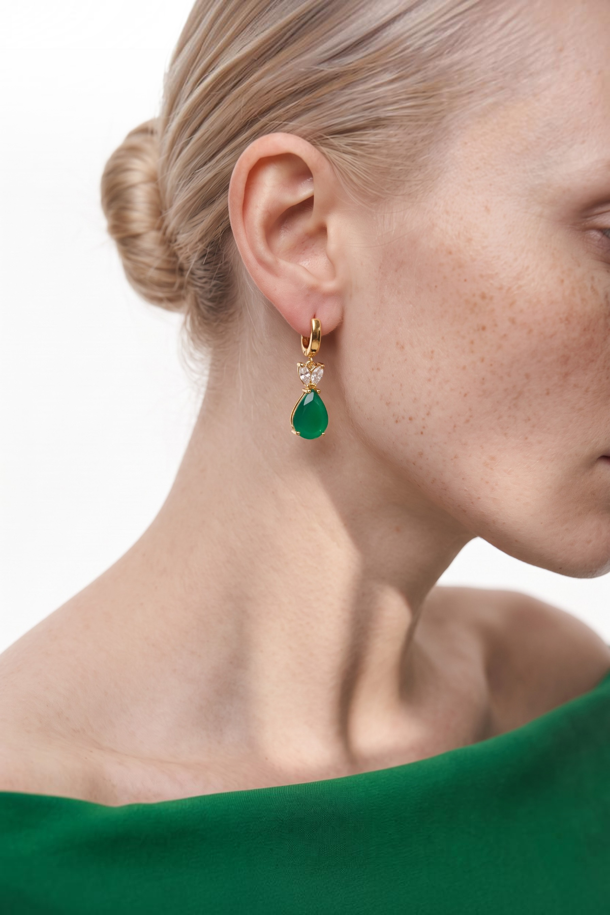 Drop Emerald and Zircon Stone Earrings 14 Carat