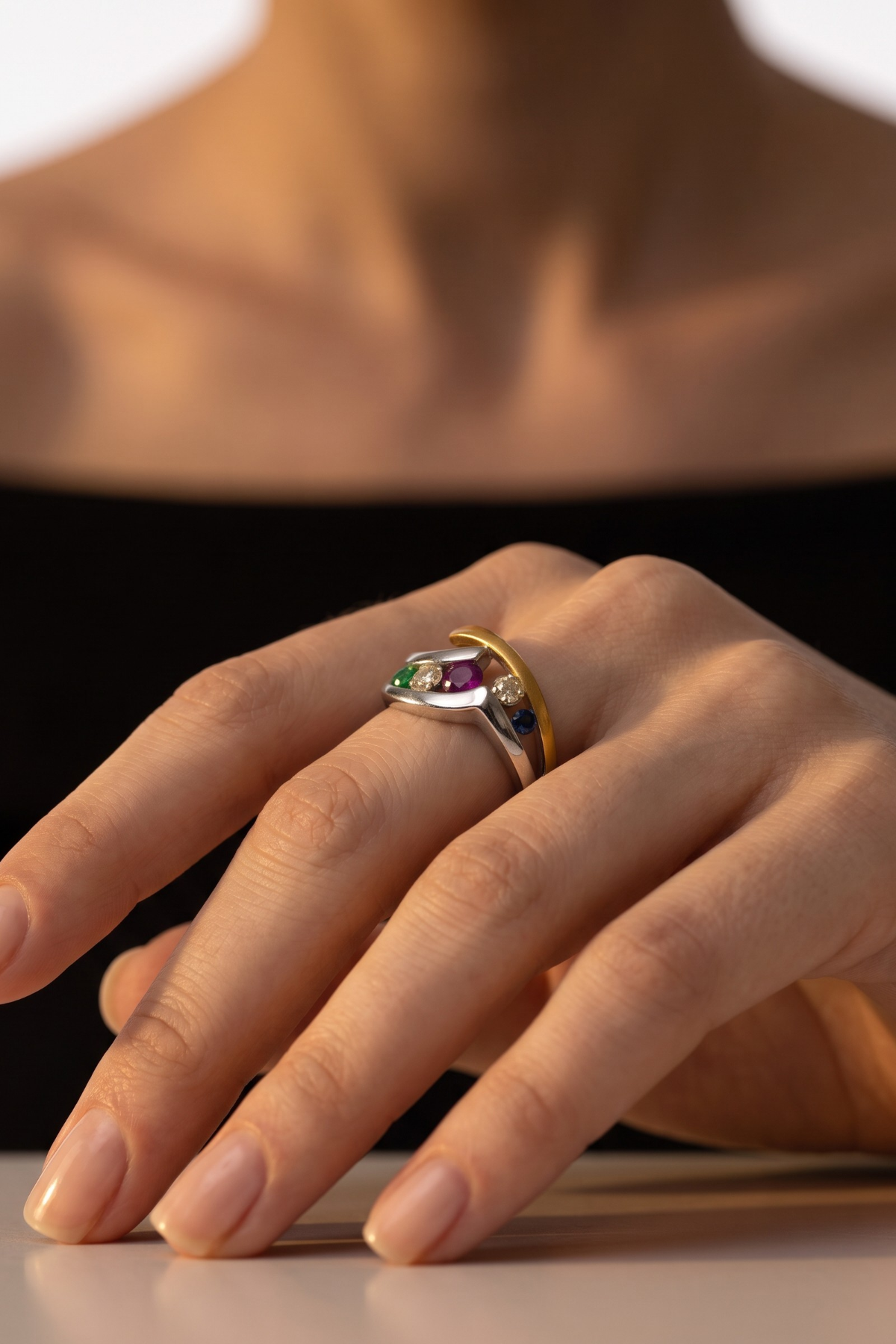 Emerald Ruby Sapphire Stone Diamond Ring 14 Carat