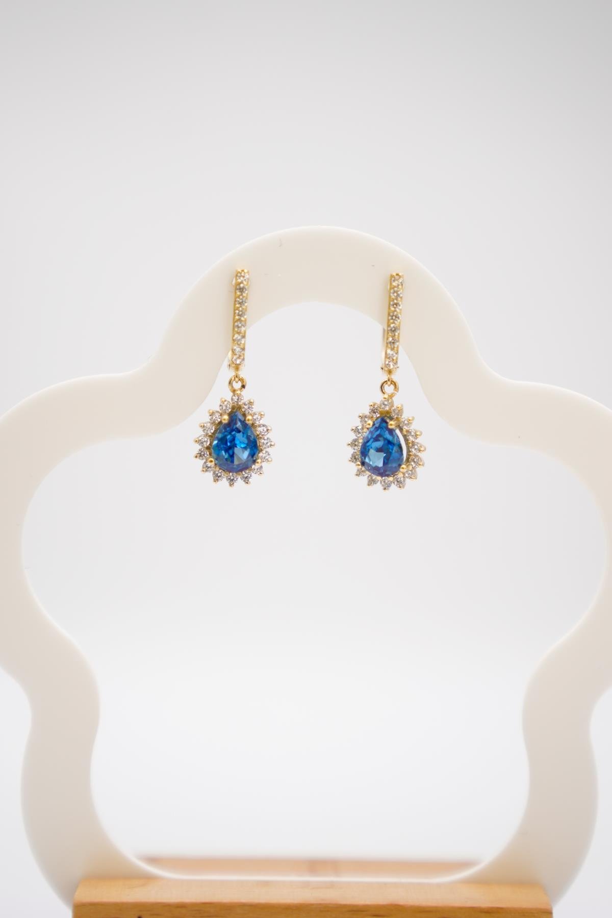 Damla Kesim Mavi Taşlı 14 Ayar Altın Küpe | Işıltılı Zarif Model