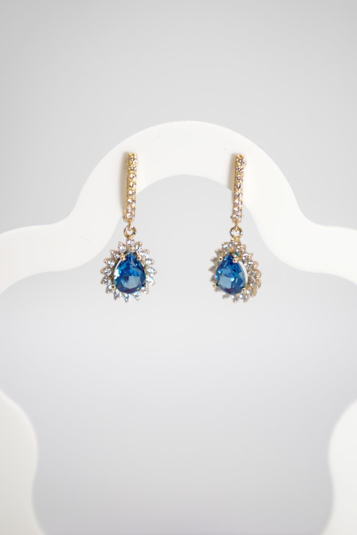 Damla Kesim Mavi Taşlı 14 Ayar Altın Küpe | Işıltılı Zarif Model