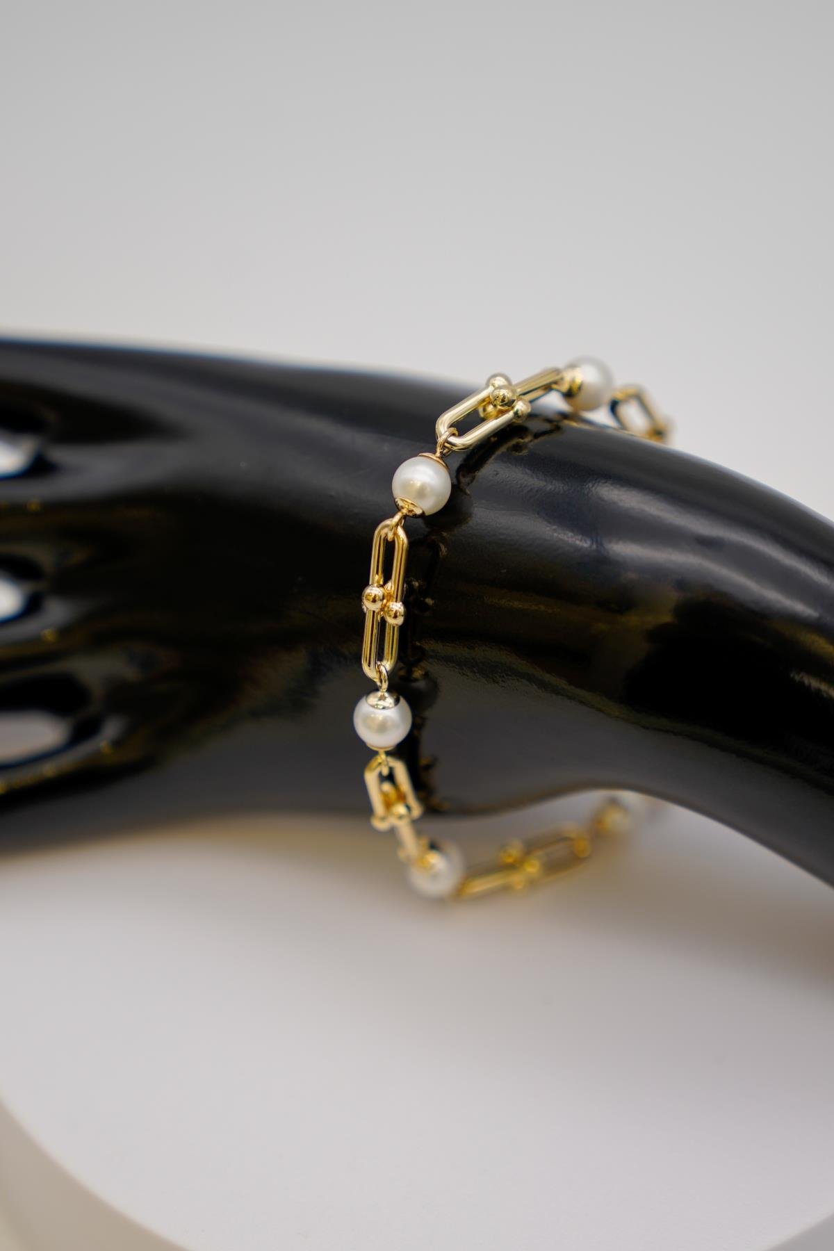 İnci Detaylı 14 Ayar Altın Bileklik -Zarif ve Modern Tasarımlı Göz Alıcı Kadın Aksesuarı