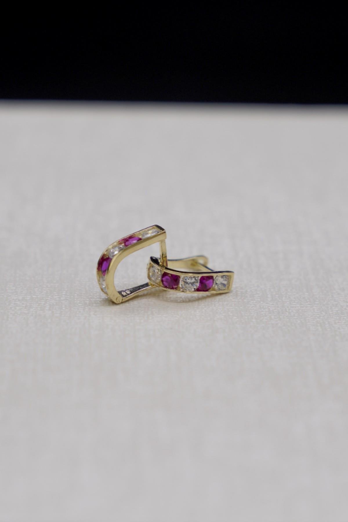 Kırmızı Zirkon Taşlı Küpe 14 Ayar