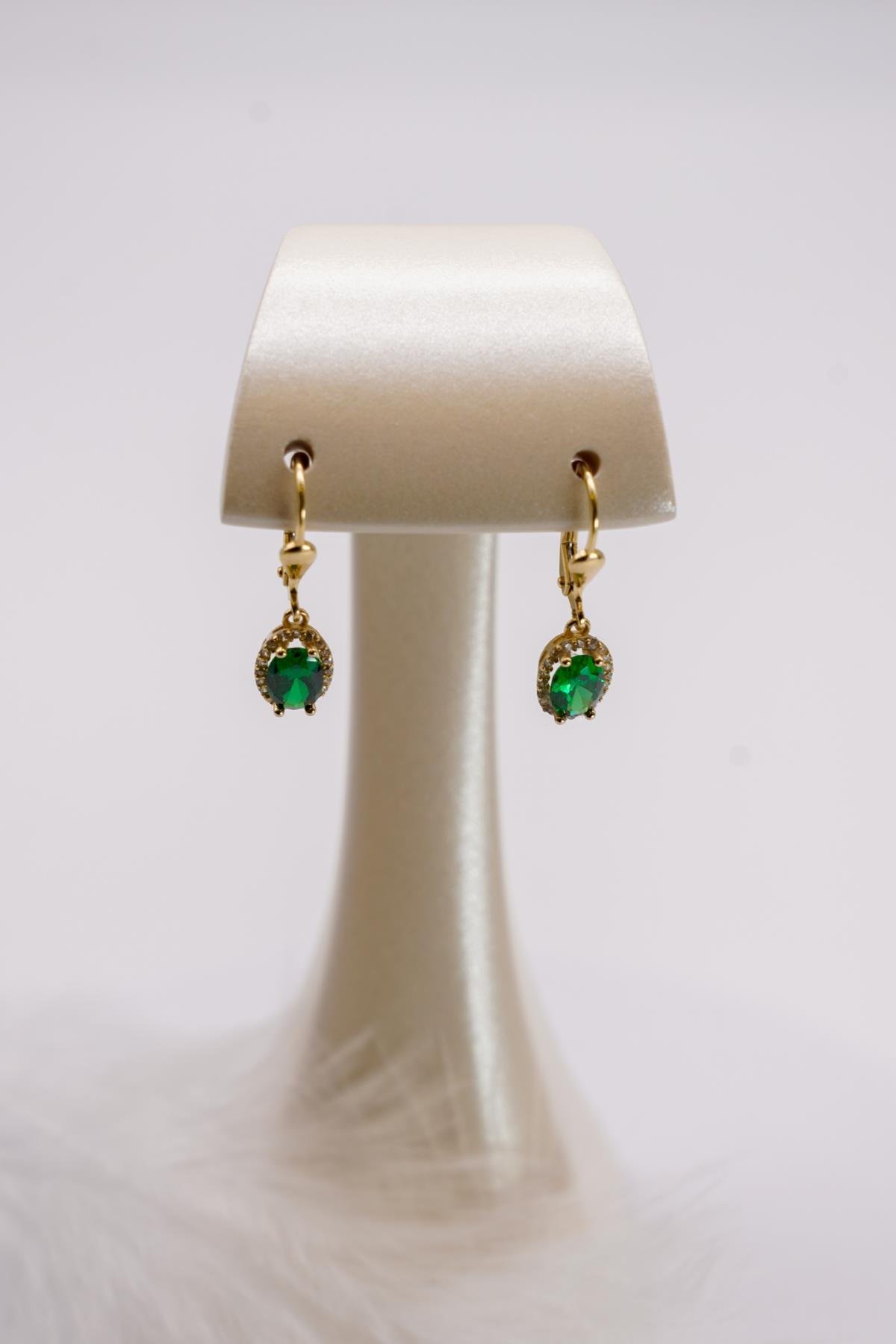 Yeşil Zirkon Taşlı 14 Ayar Altın Küpe | Oval Formlu Işıltılı Kanca Model