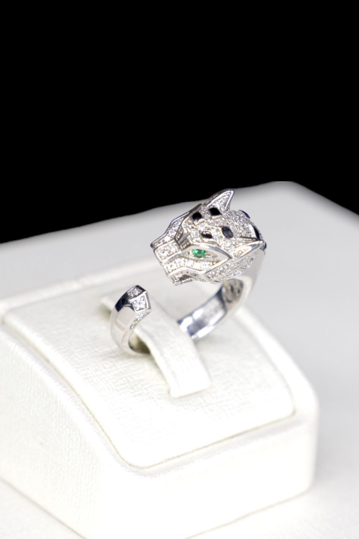 Zirkon Taşlı Gümüş Kaplan Yüzük 925 Ayar