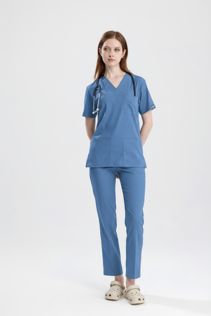 ALASKA MAVİSİ DOKTOR HEKİM FORMASI LİKRALI SCRUBS TAKIM (ALASKAN BLUE)