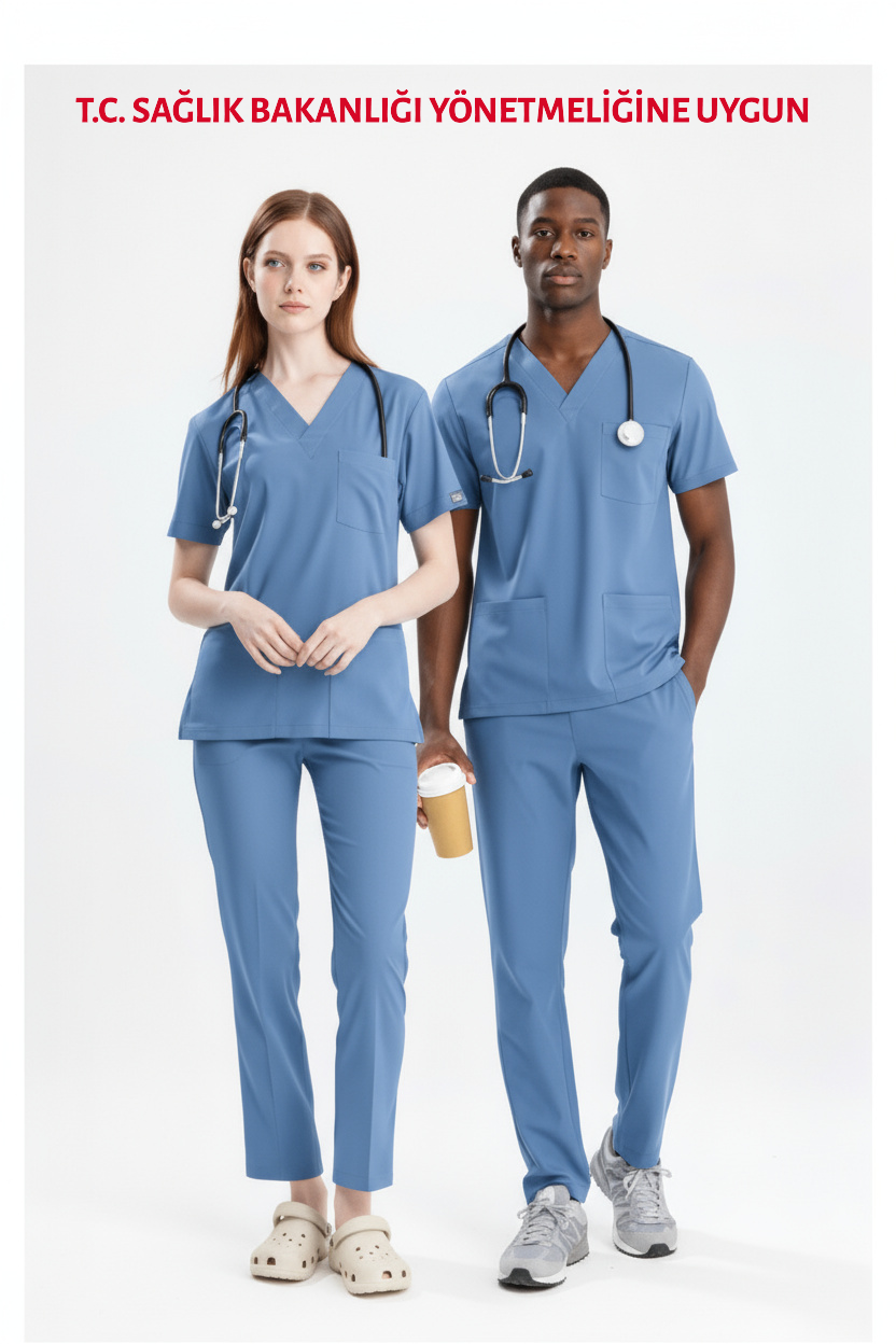ALASKA MAVİSİ DOKTOR HEKİM FORMASI LİKRALI SCRUBS TAKIM (ALASKAN BLUE)