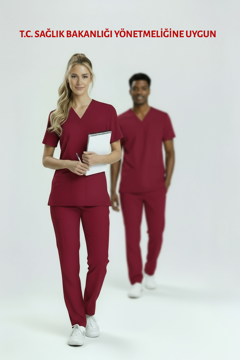 BORDO HASTANE FORMASI LİKRALI SCRUBS TAKIM (BIKING RED)