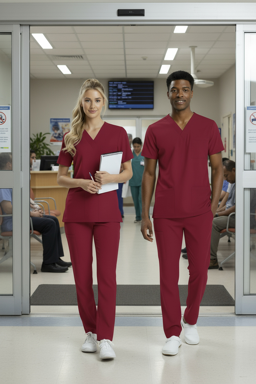 BORDO HASTANE FORMASI LİKRALI SCRUBS TAKIM (BIKING RED)