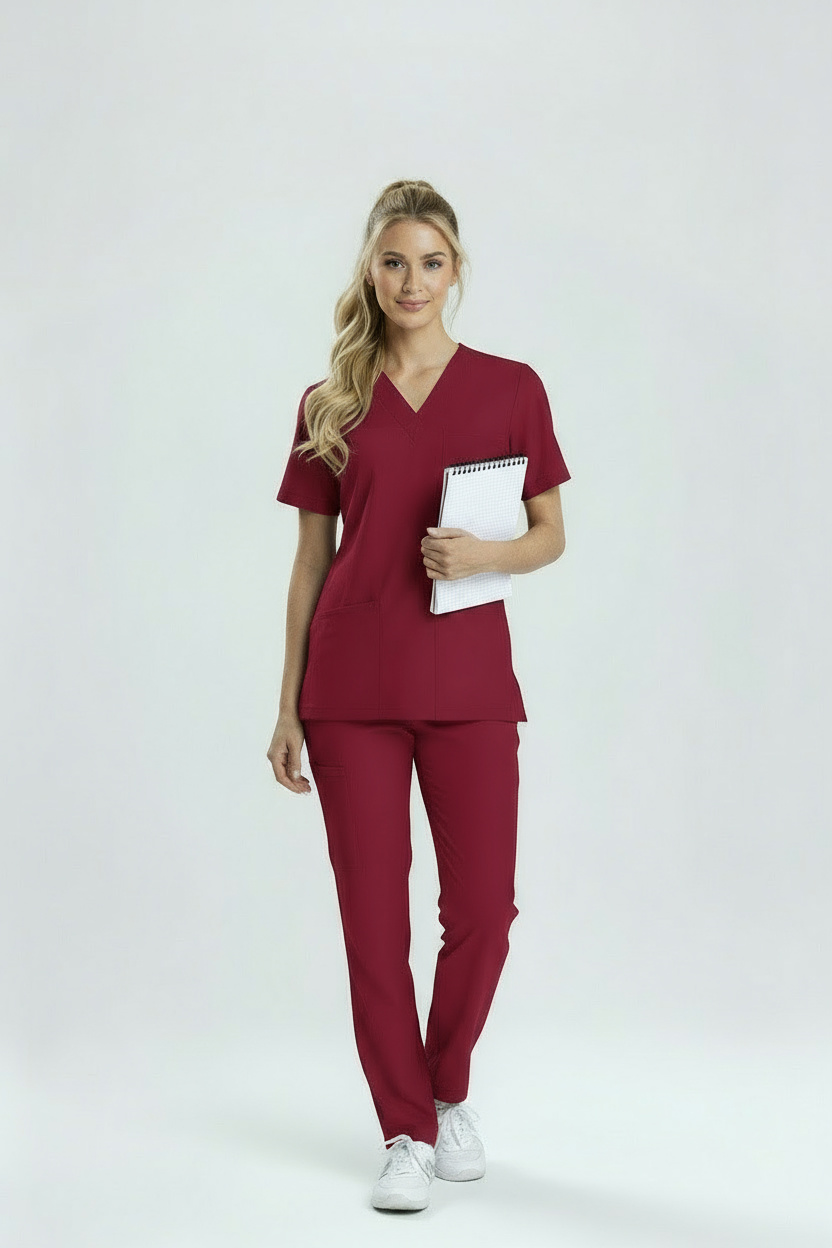 BORDO HASTANE FORMASI LİKRALI SCRUBS TAKIM (BIKING RED)