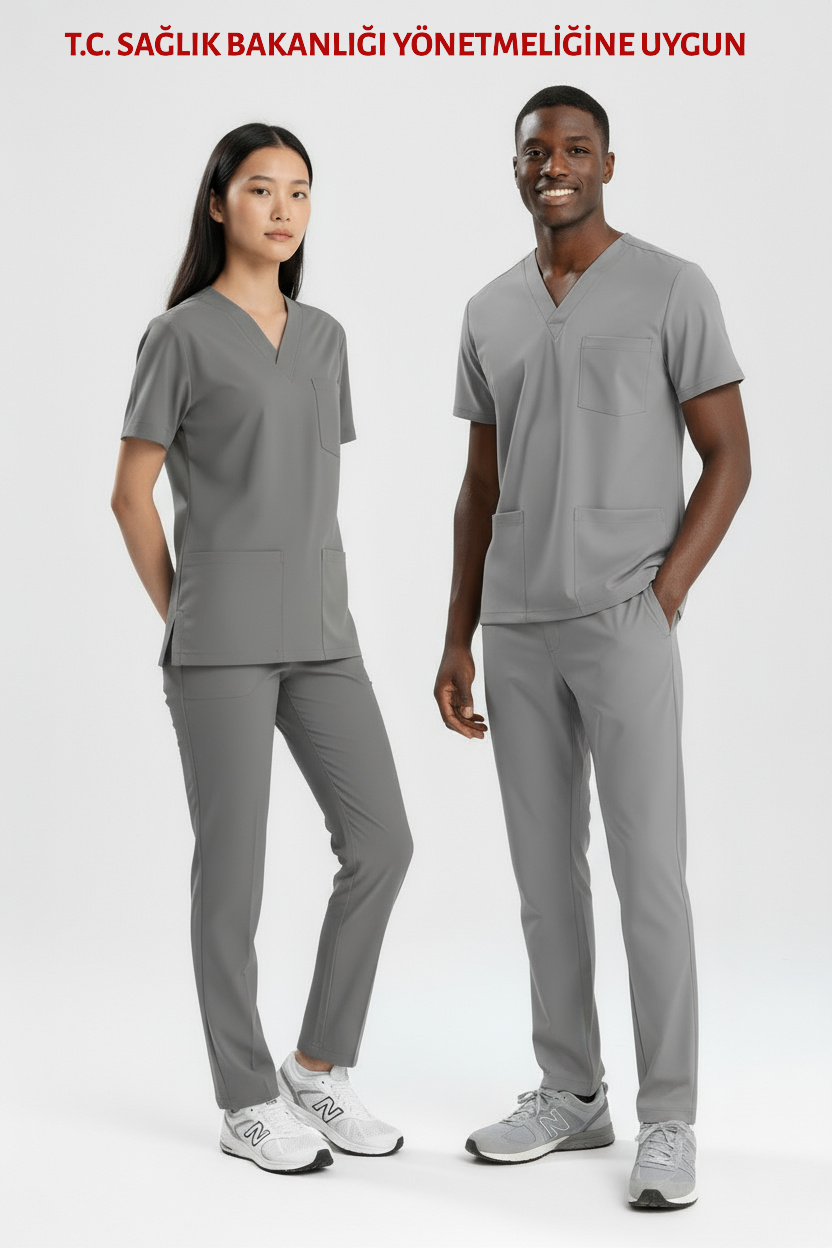 GRİ TEKNİK HİZMETLER PERSONEL FORMASI LİKRALI SCRUBS TAKIM (NEUTRAL GRAY)