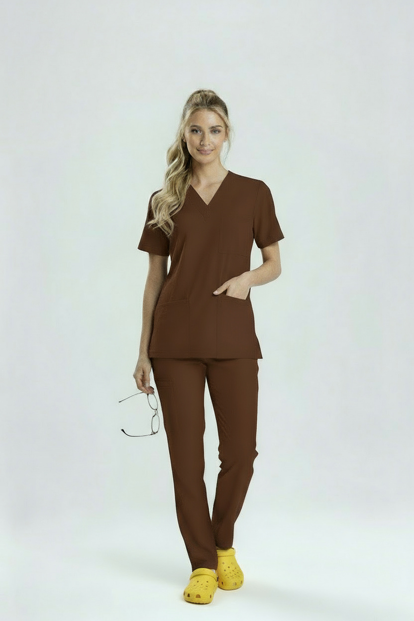 KAHVERENGİ HASTANE FORMASI LİKRALI SCRUBS TAKIM (FRIAR BROWN)