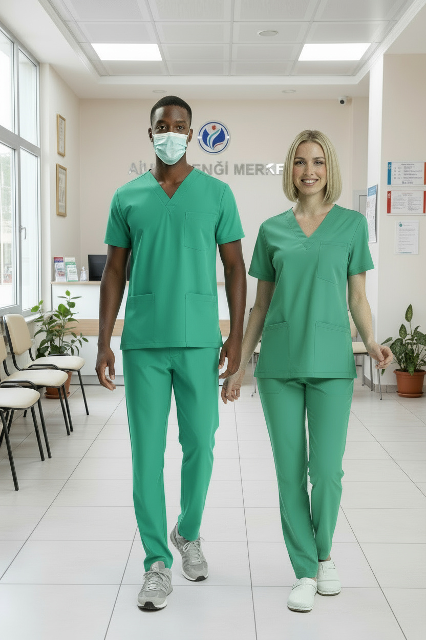 MİNT YEŞİLİ AİLE SAĞLIĞI ÇALIŞAN FORMASI LİKRALI SCRUBS TAKIM (BERMUDA)