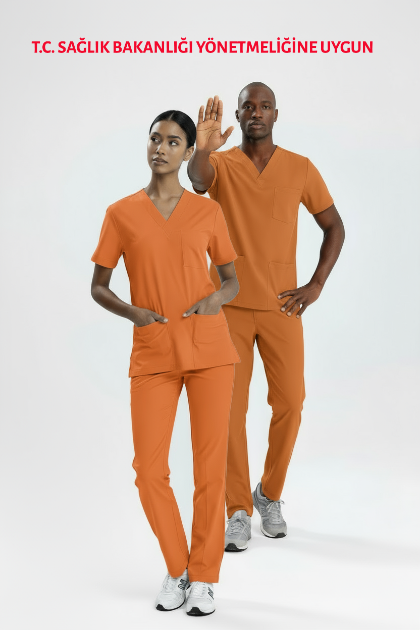 TURUNCU KLİNİK DESTEK İŞÇİ FORMASI LİKRALI SCRUBS TAKIM (ORANGE OCHRE)