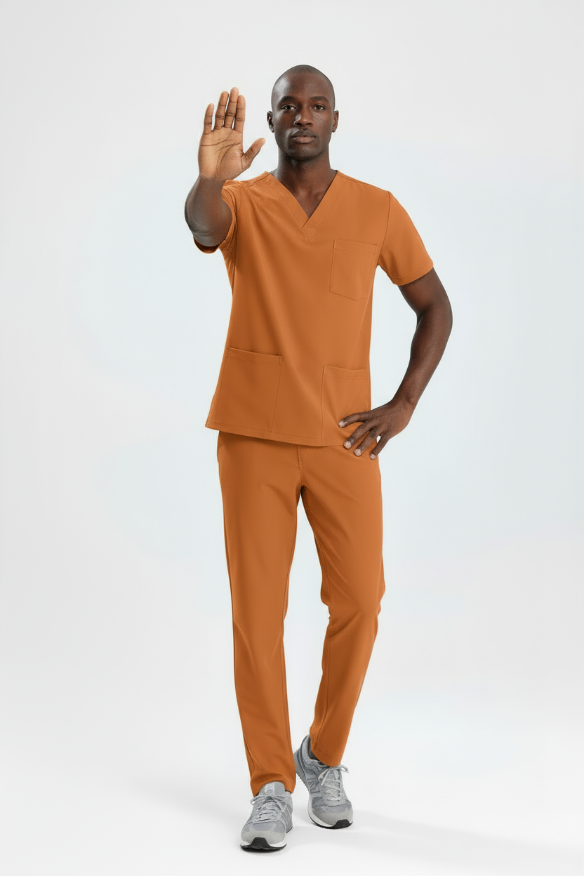 TURUNCU KLİNİK DESTEK İŞÇİ FORMASI LİKRALI SCRUBS TAKIM (ORANGE OCHRE)