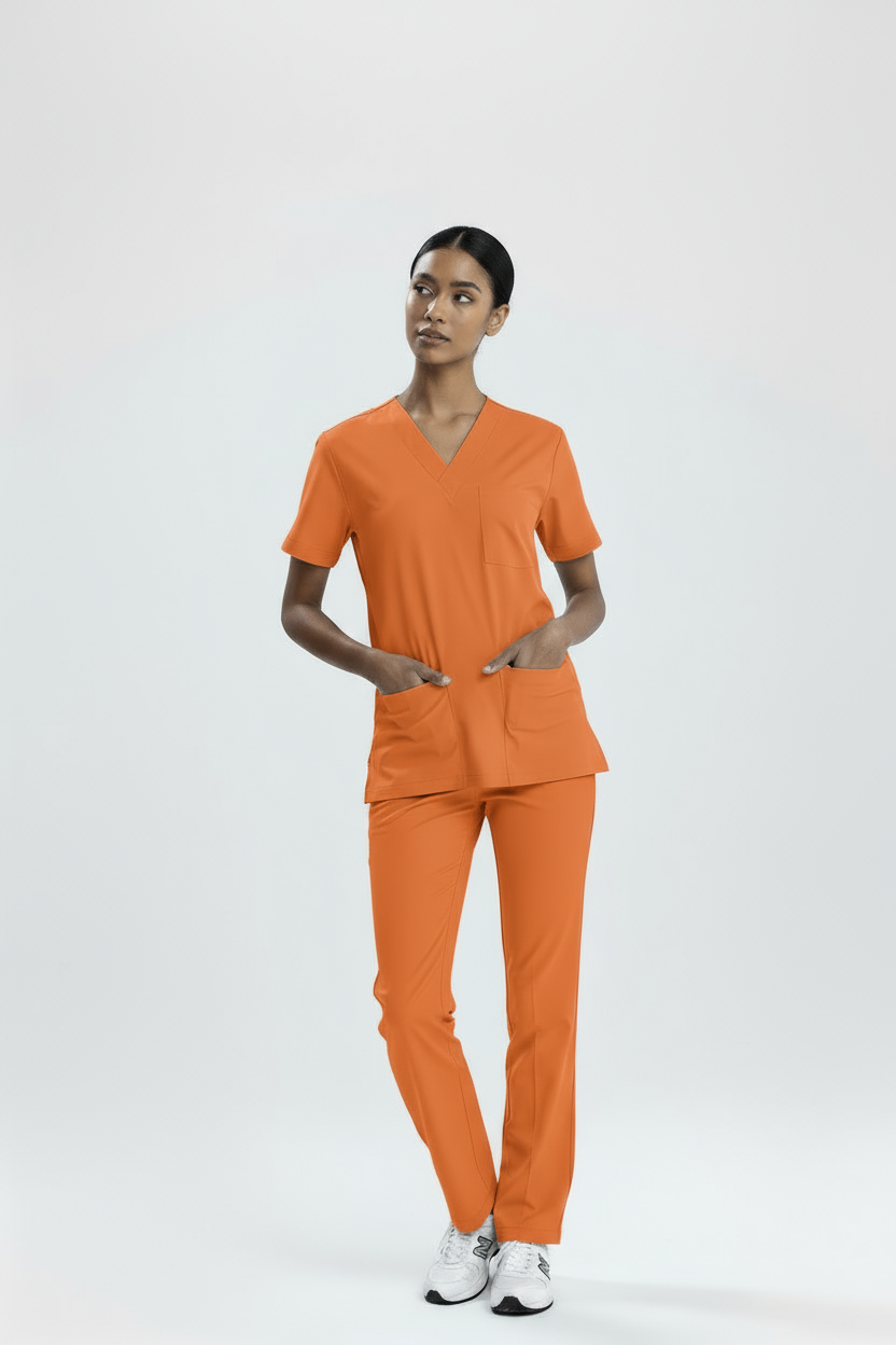 TURUNCU KLİNİK DESTEK İŞÇİ FORMASI LİKRALI SCRUBS TAKIM (ORANGE OCHRE)