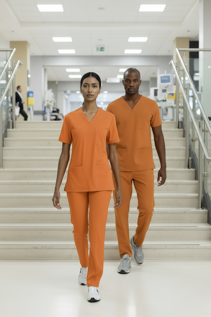 TURUNCU KLİNİK DESTEK İŞÇİ FORMASI LİKRALI SCRUBS TAKIM (ORANGE OCHRE)