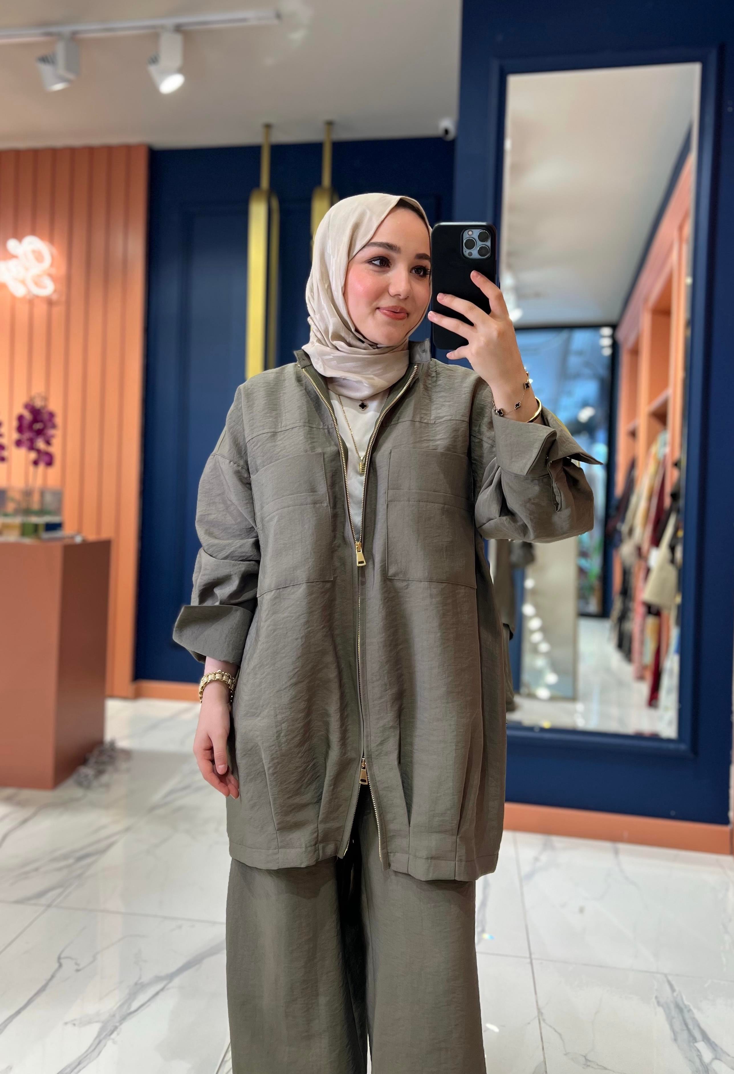 Fermuar Cep Detaylı Takım Olive