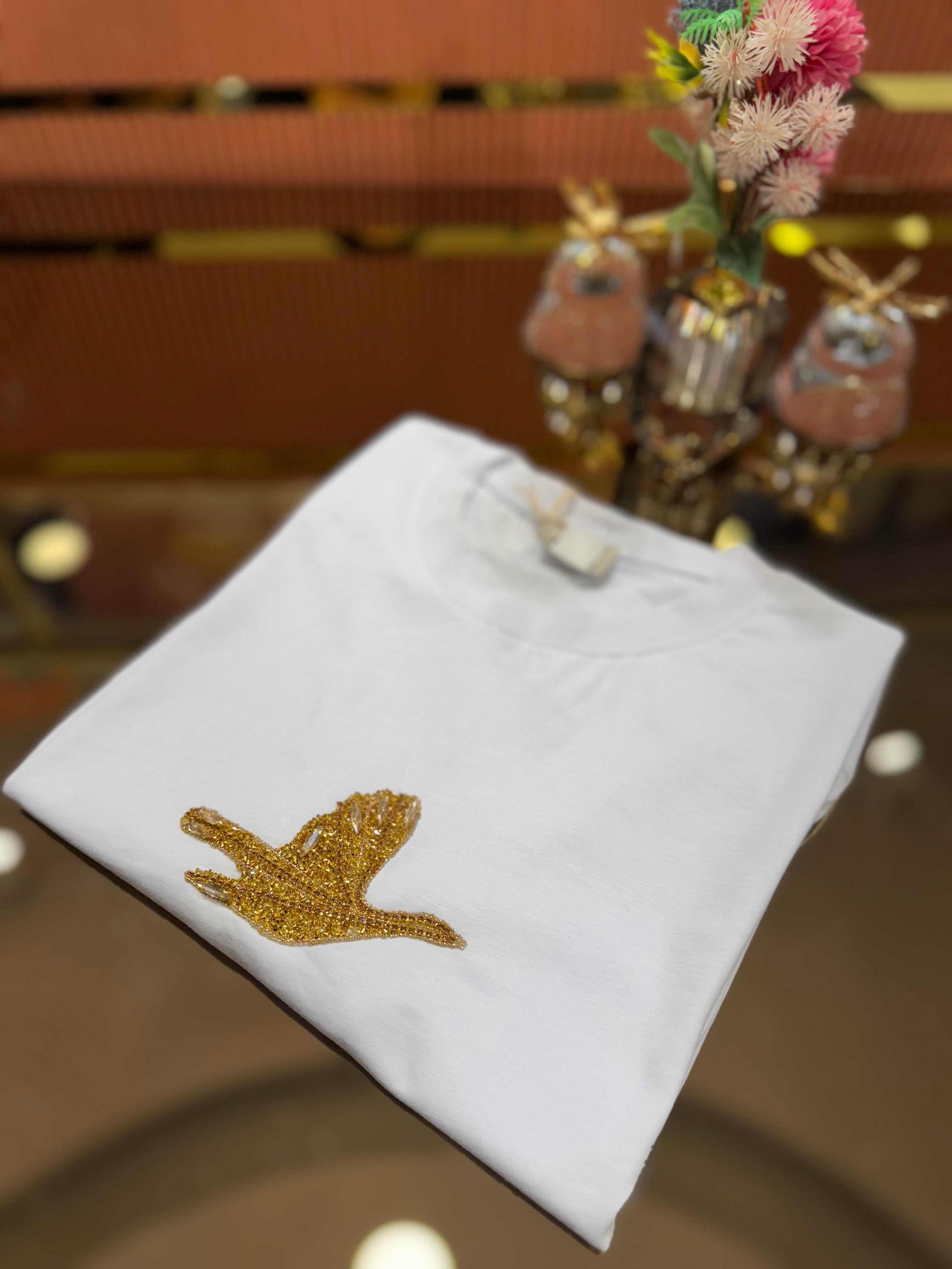 Gold Taşlı Kuşlu Tişört Beyaz
