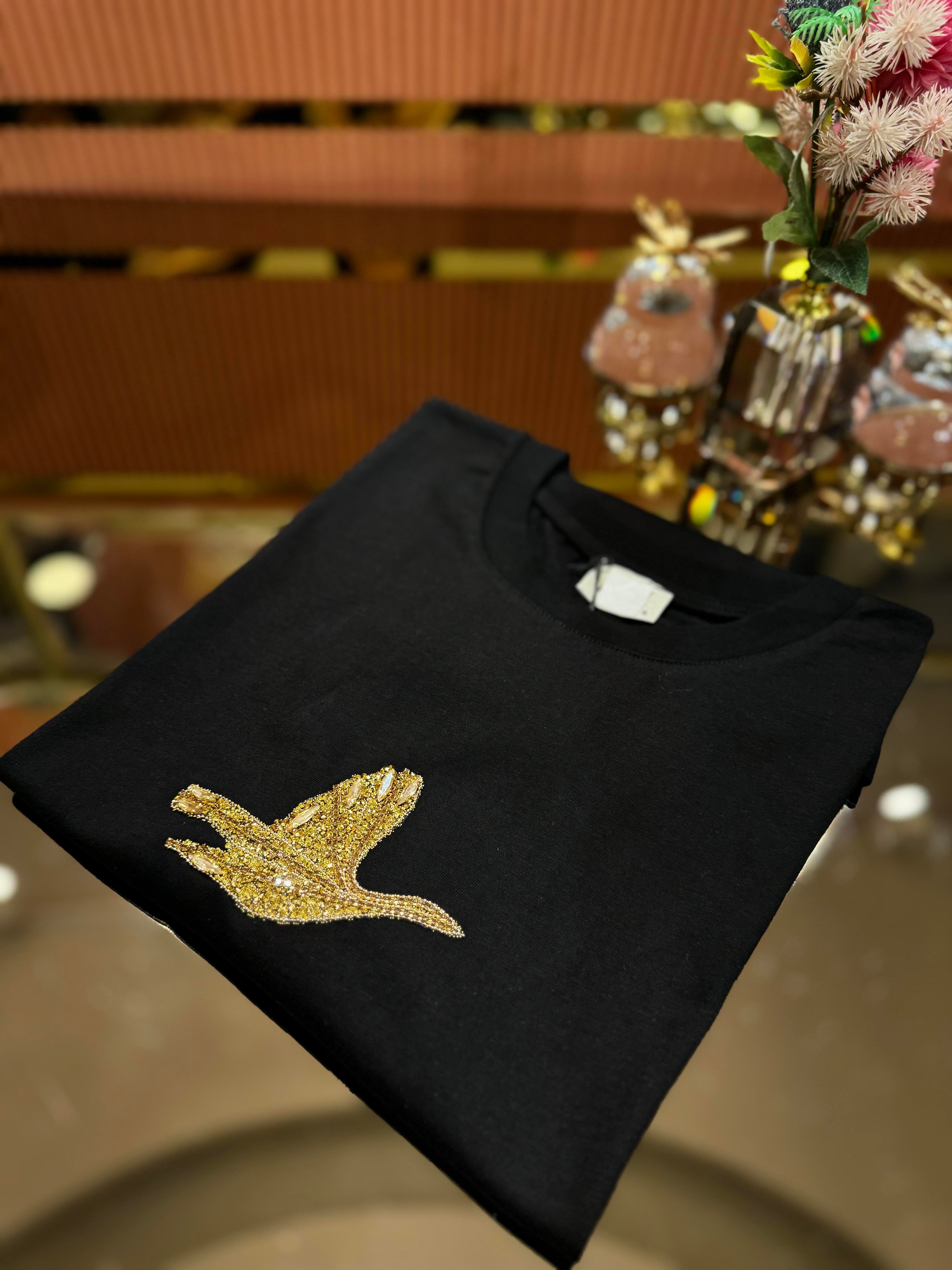 Gold Taşlı Kuşlu Tişört Siyah