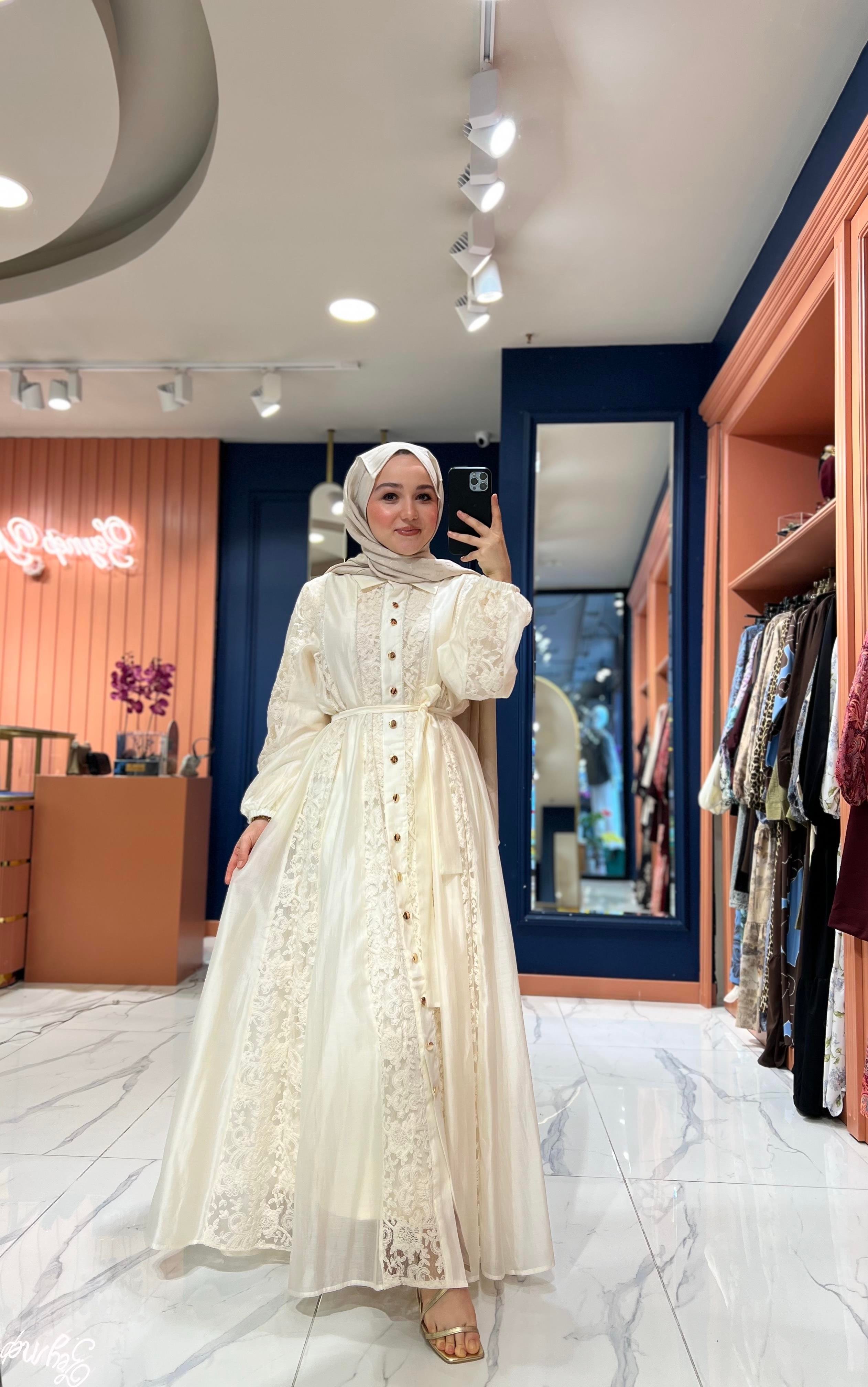 İthal Dantelli Elbise | Ekru 