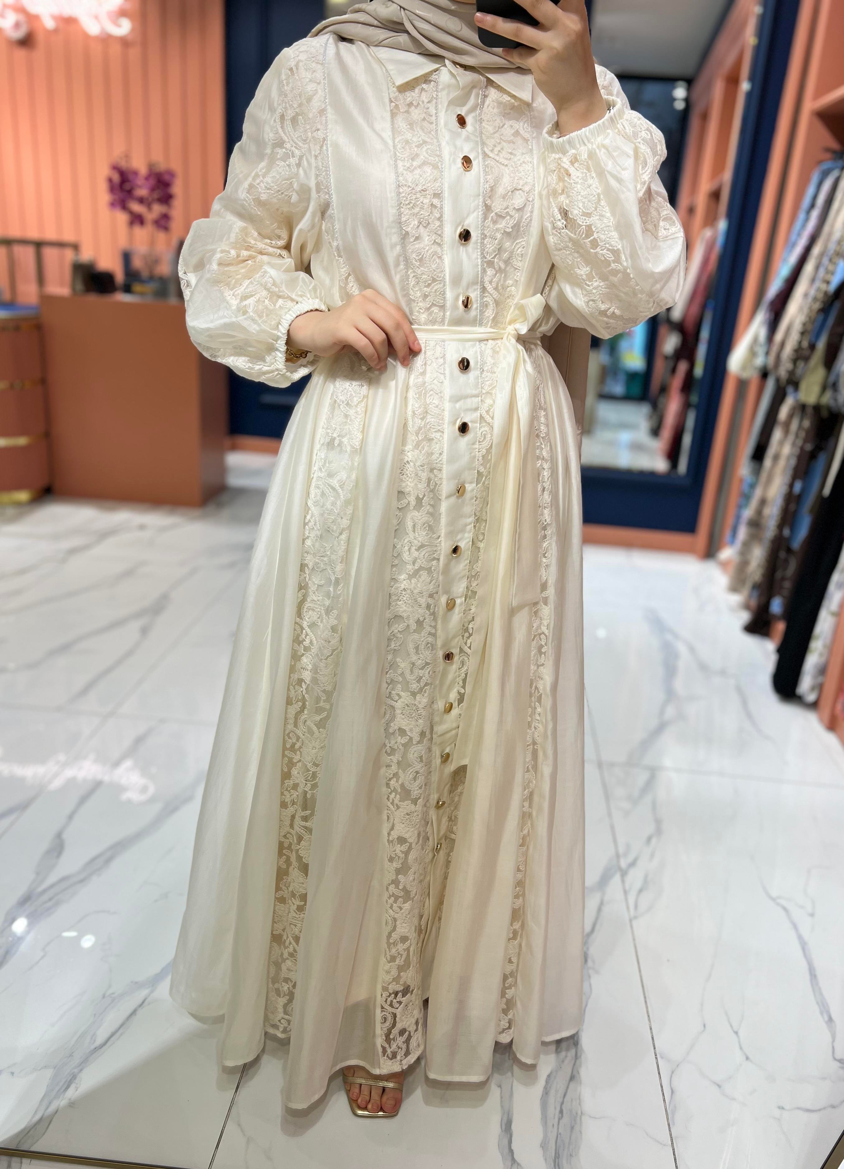 İthal Dantelli Elbise | Ekru 