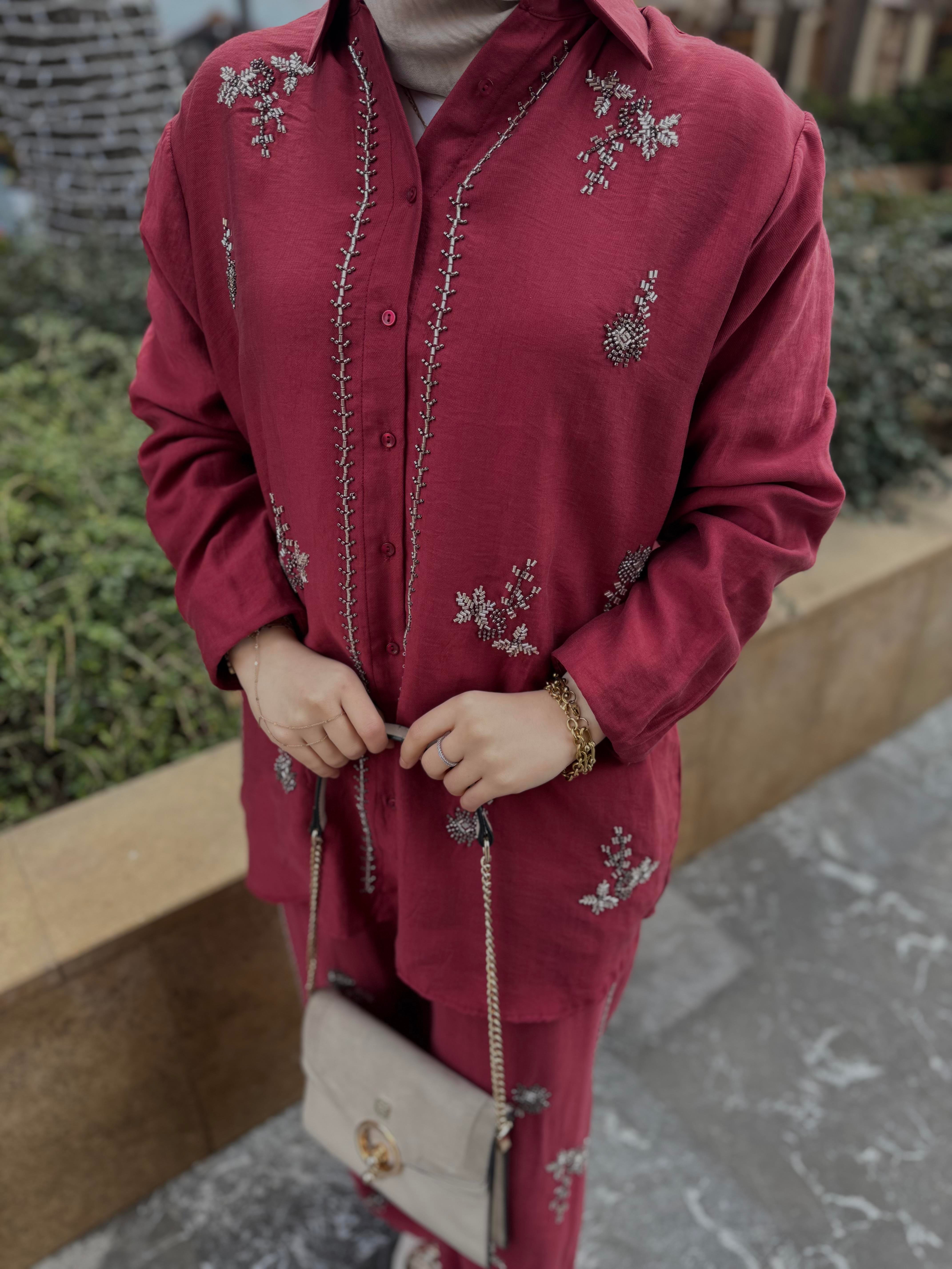 Mila Organik Keten Takım Bordo