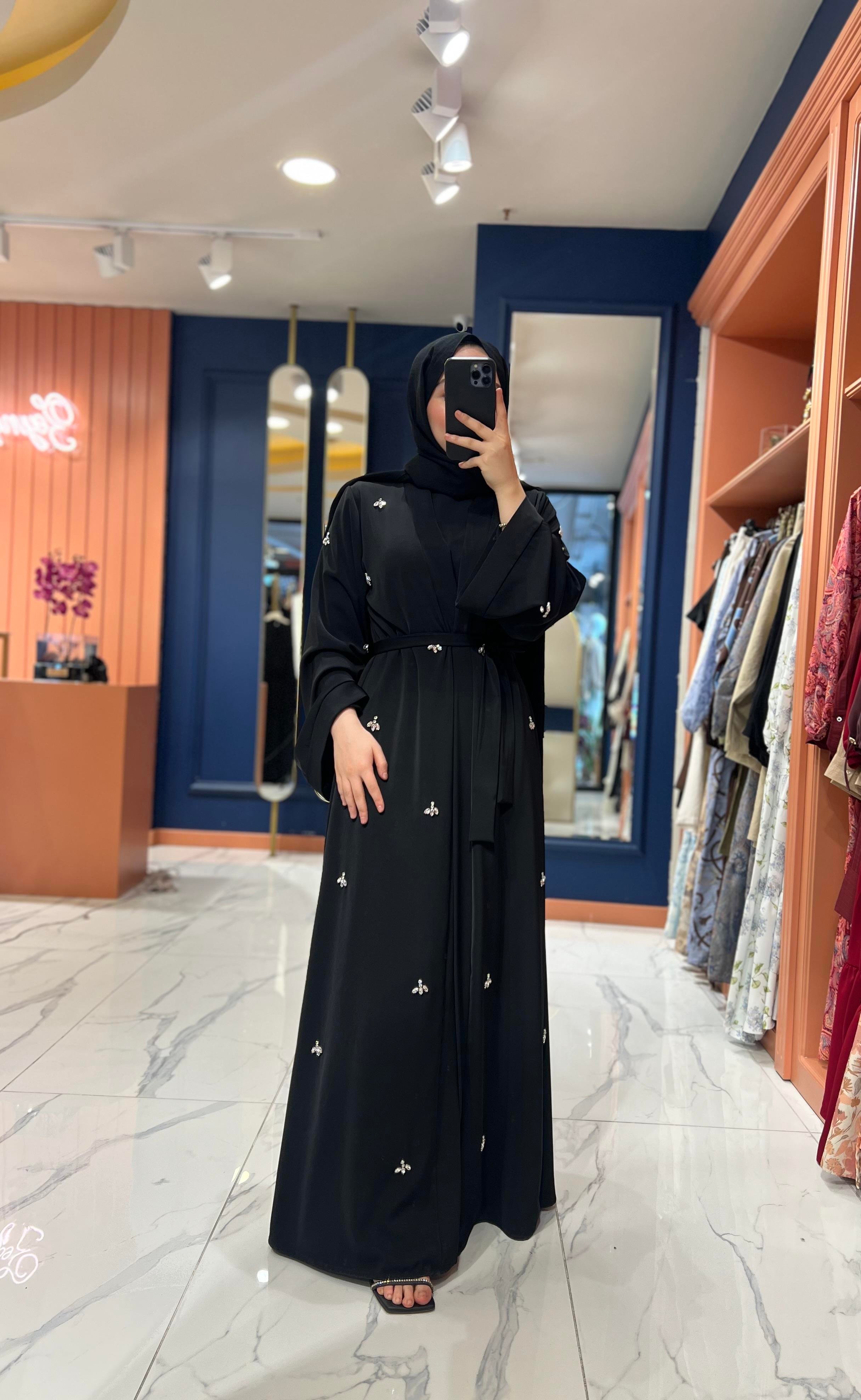 Tasarım Taşlı Abaya Siyah