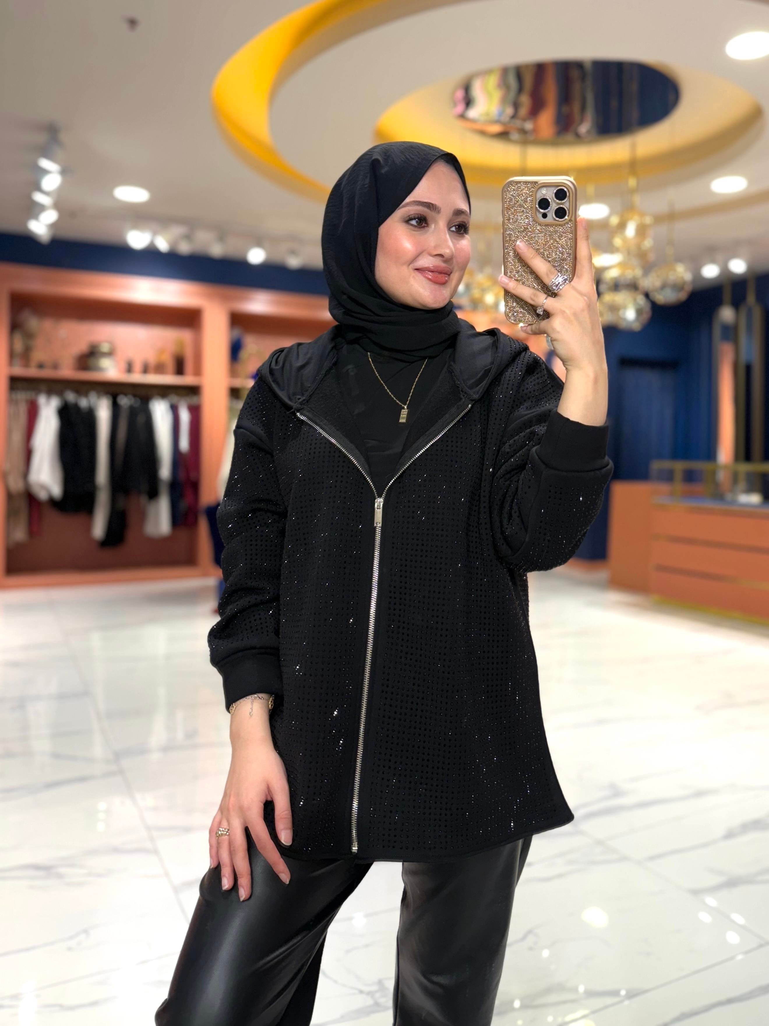 Taşlı Fermuarlı Hırka | Siyah 