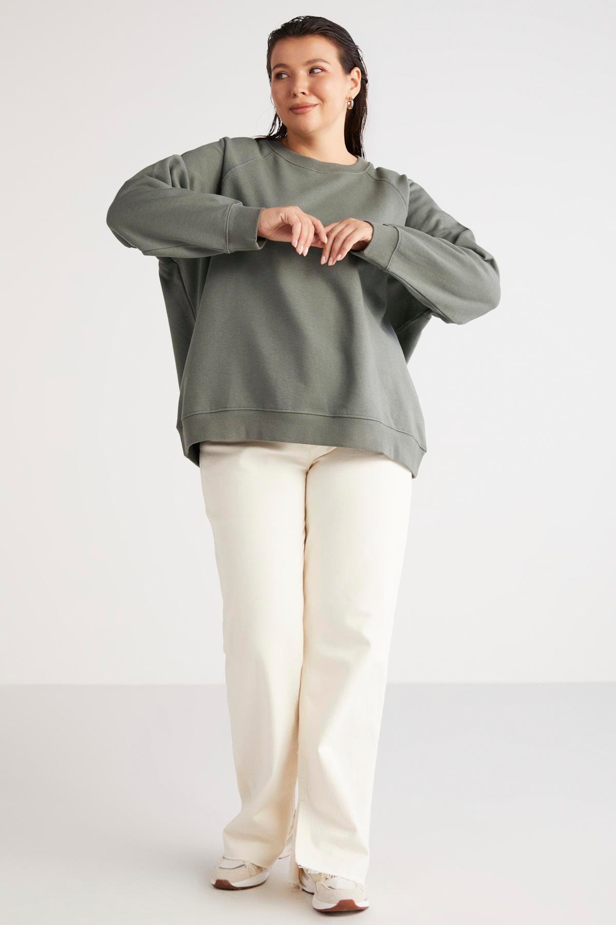 BARBORABB Örme Loose Yeşil Tekli Büyük Beden Sweatshirt