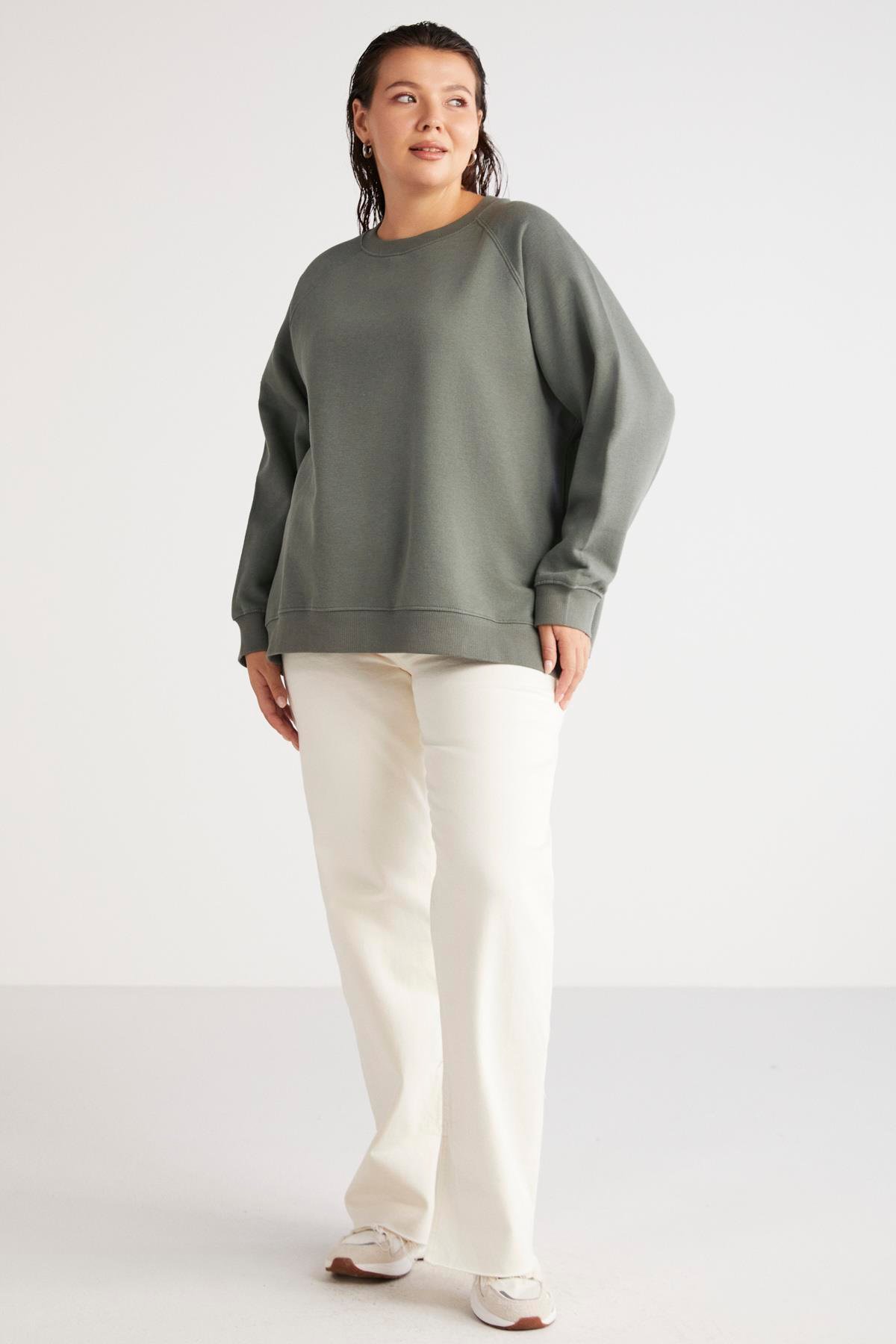 BARBORABB Örme Loose Yeşil Tekli Büyük Beden Sweatshirt