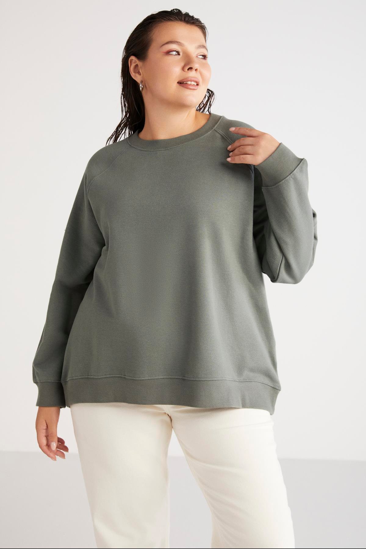 BARBORABB Örme Loose Yeşil Tekli Büyük Beden Sweatshirt