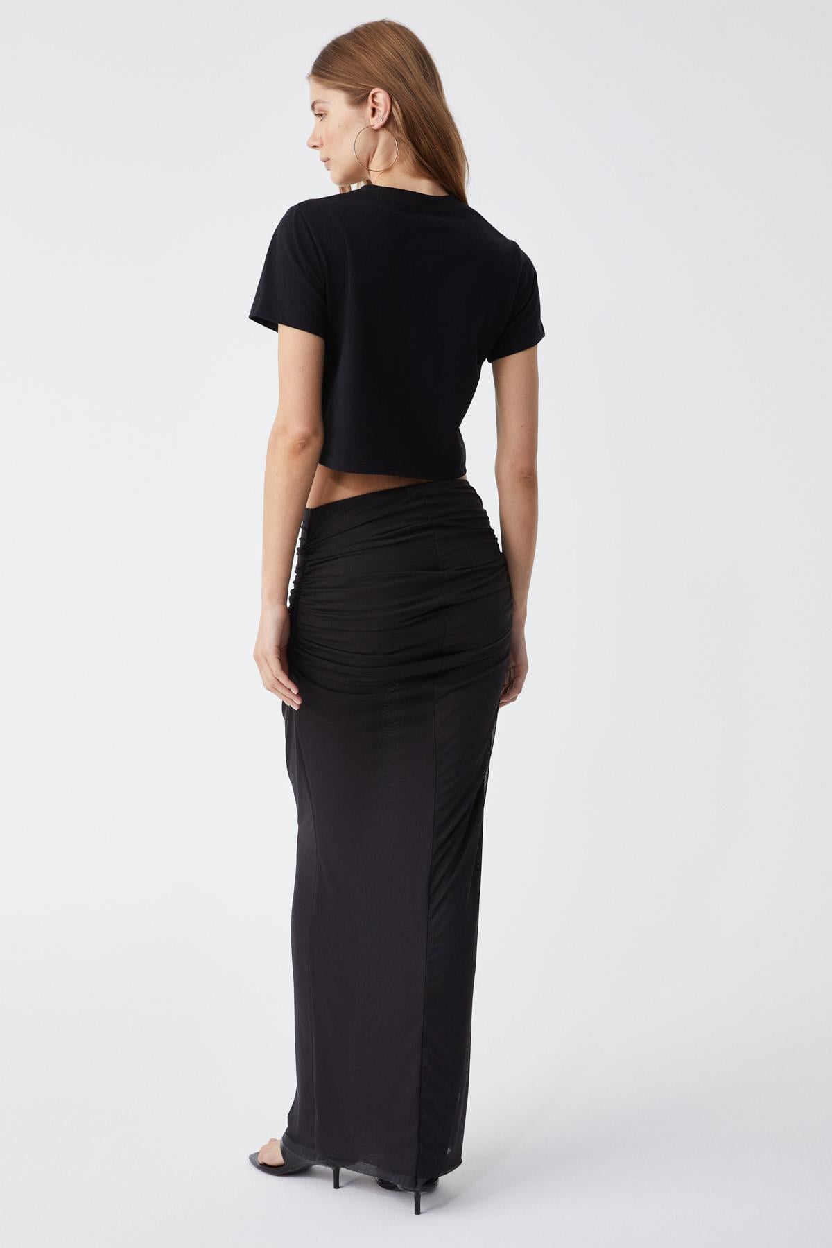 BELVETH Kadın Bisiklet Yaka Oversize Siyah T-Shirt