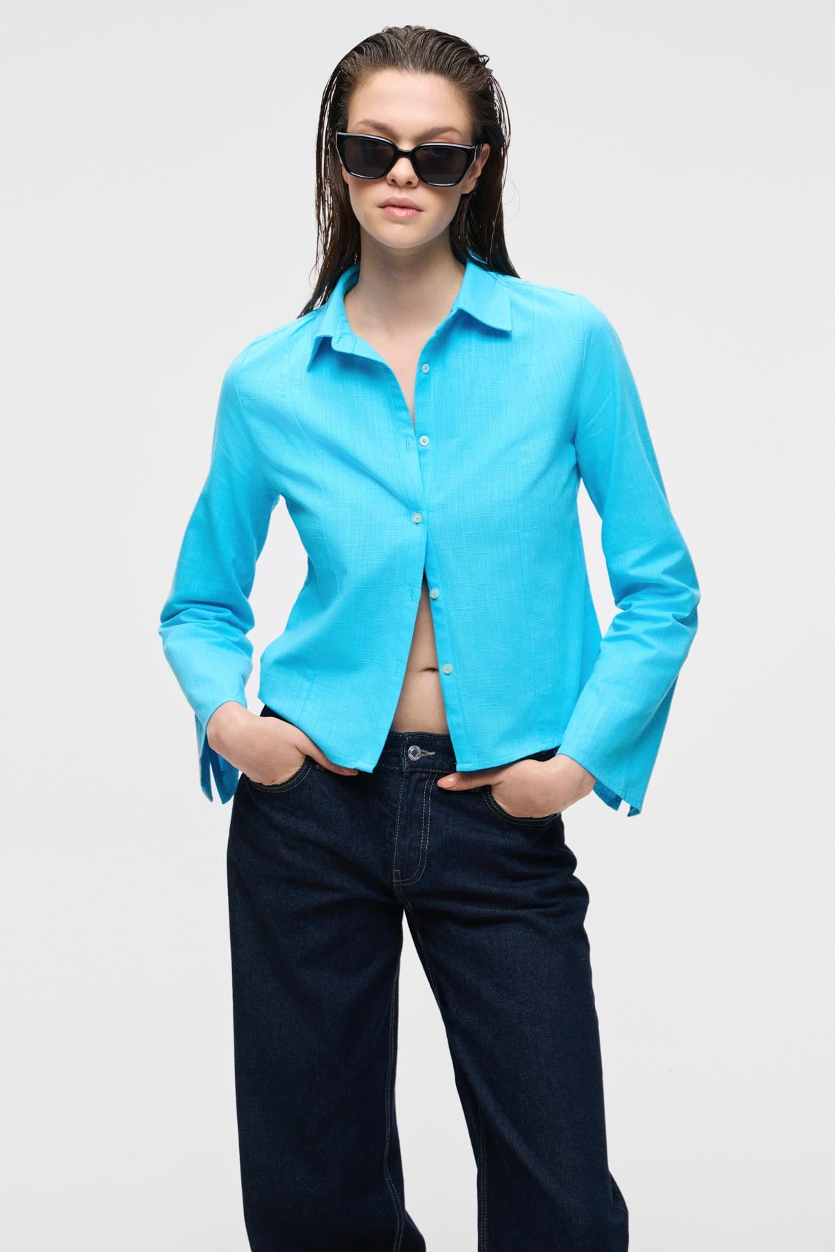 MAKAYLA Kadın Keten Uzun Kollu Regular Fit Mavi Gömlek