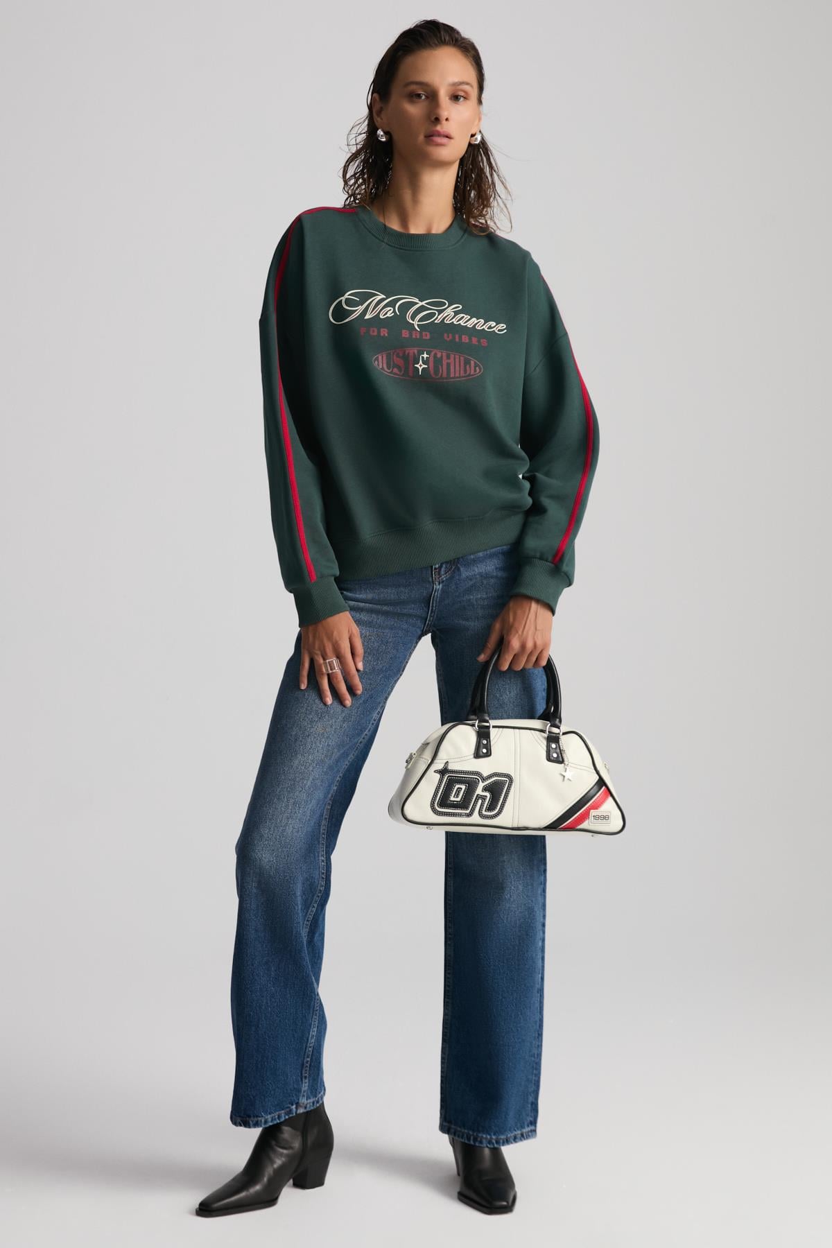 MIREILLE Kadın Kolları Kontrast Biyeli Ön  Arka Baskılı Polarlı Organik Kumaş Yeşil Sweatshirt