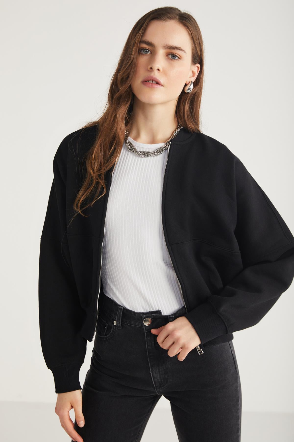 ROBINS Örme Ceket Siyah Tekli Bomber Ceket