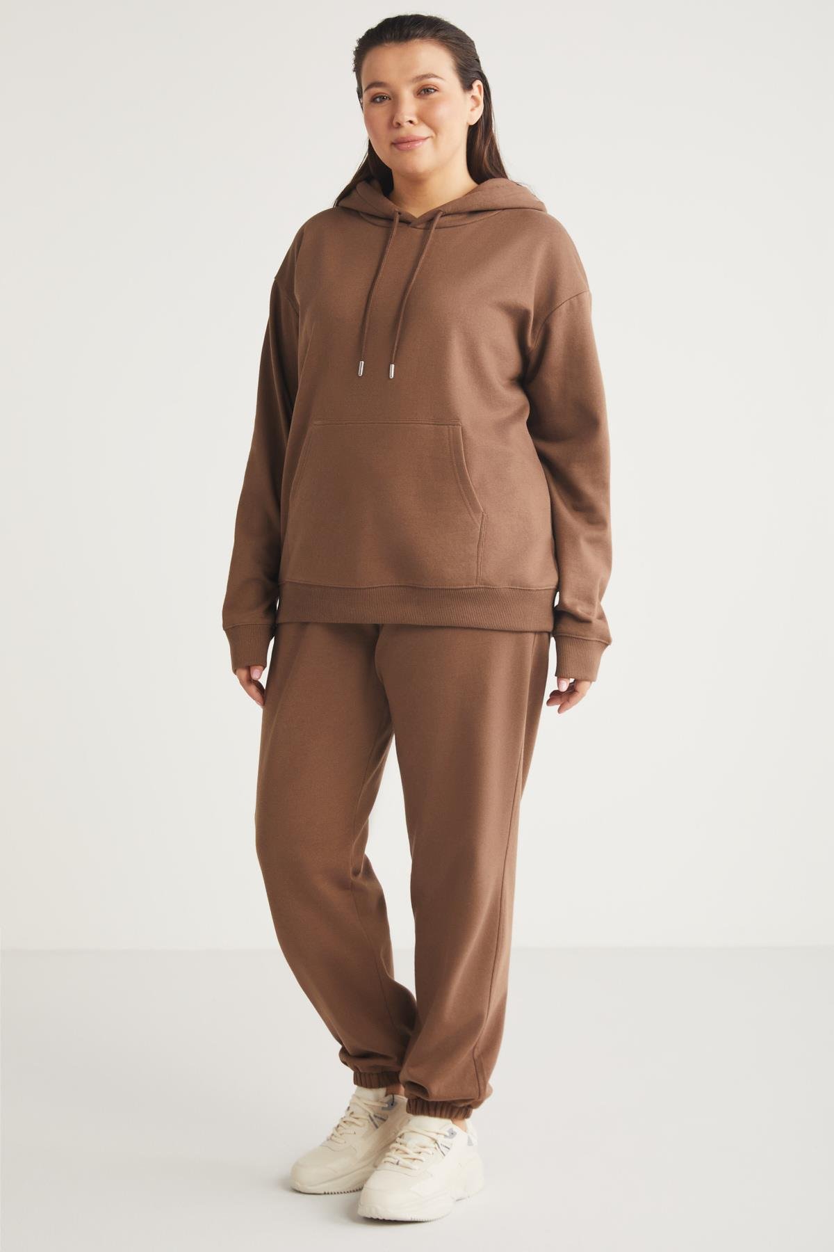 TEREZABB Örme Loose Kahverengi Tekli Büyük Beden Sweatshirt