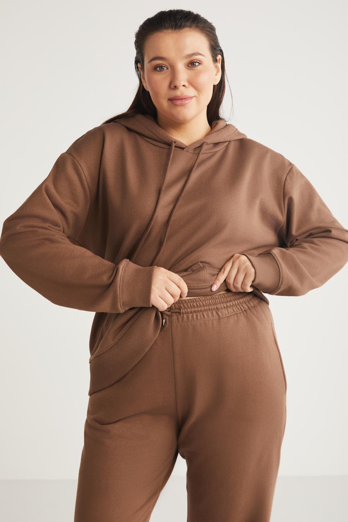 TEREZABB Örme Loose Kahverengi Tekli Büyük Beden Sweatshirt