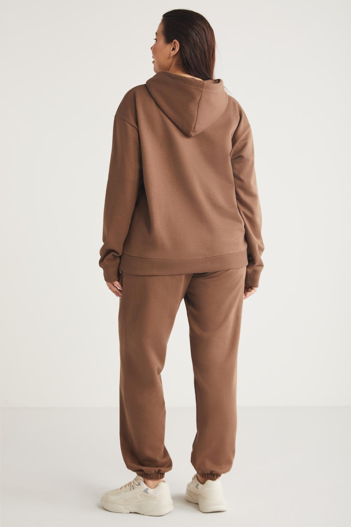 TEREZABB Örme Loose Kahverengi Tekli Büyük Beden Sweatshirt