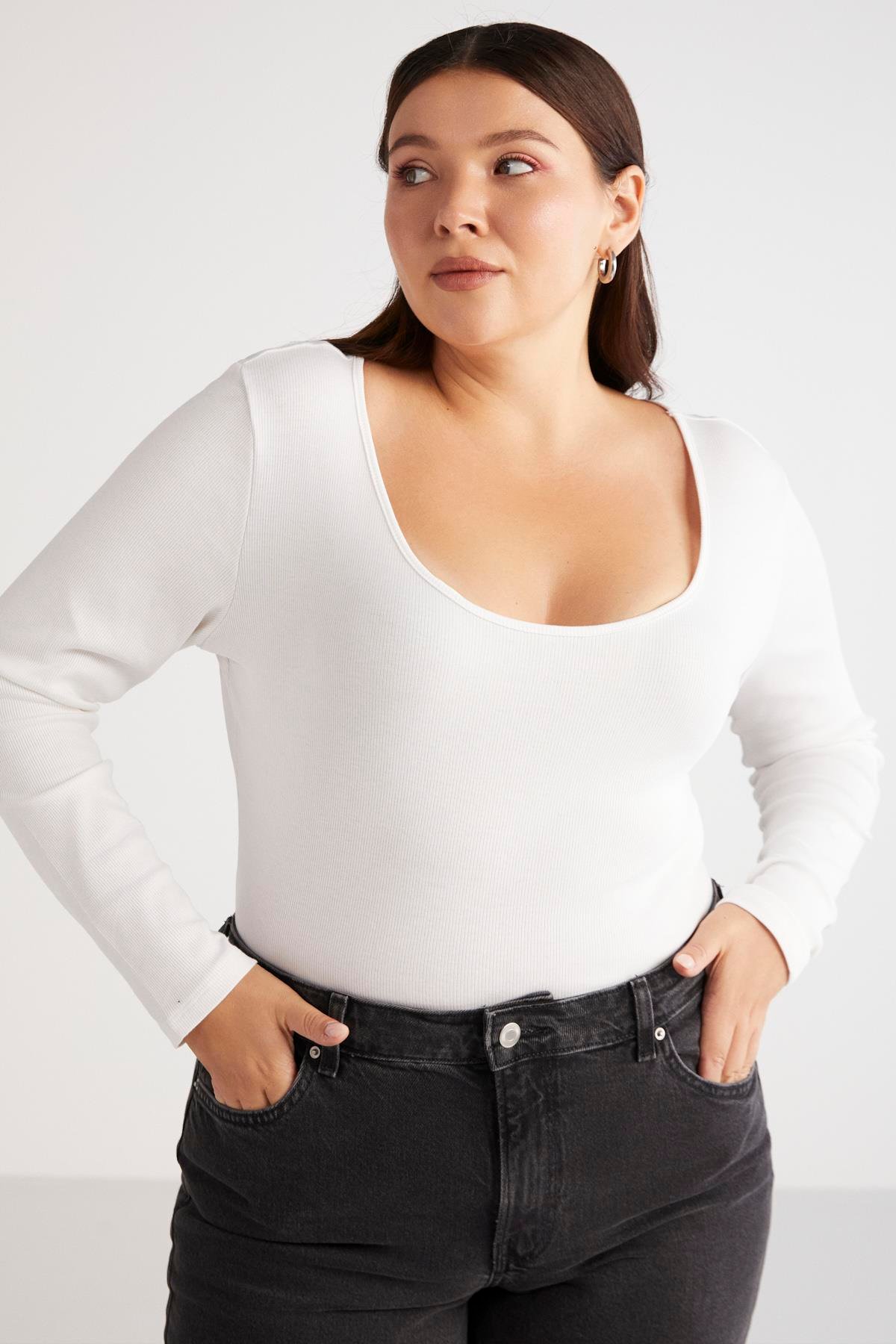 VERSAYBB Örme Bele Oturan Beyaz Tekli Büyük Beden Body