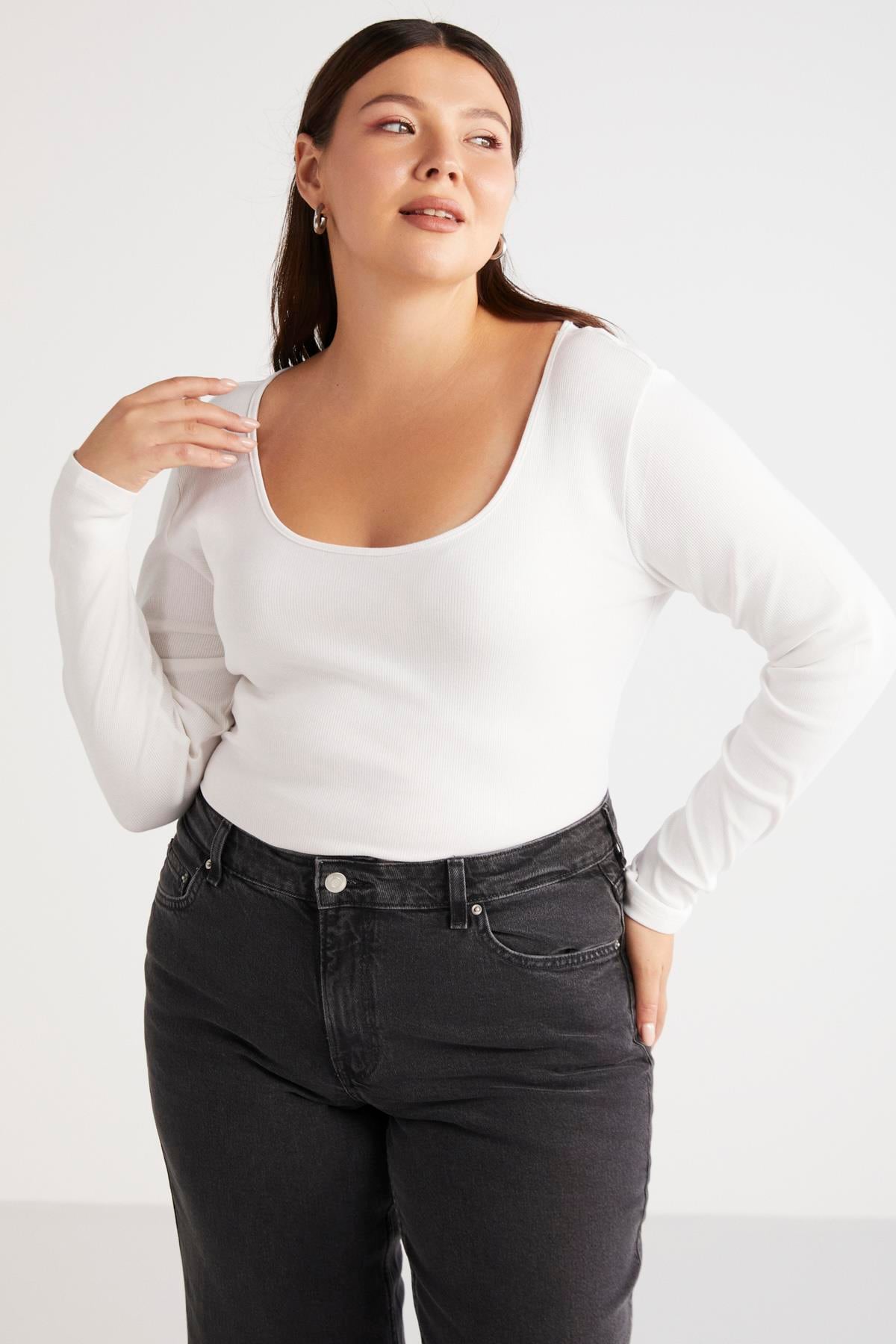 VERSAYBB Örme Bele Oturan Beyaz Tekli Büyük Beden Body