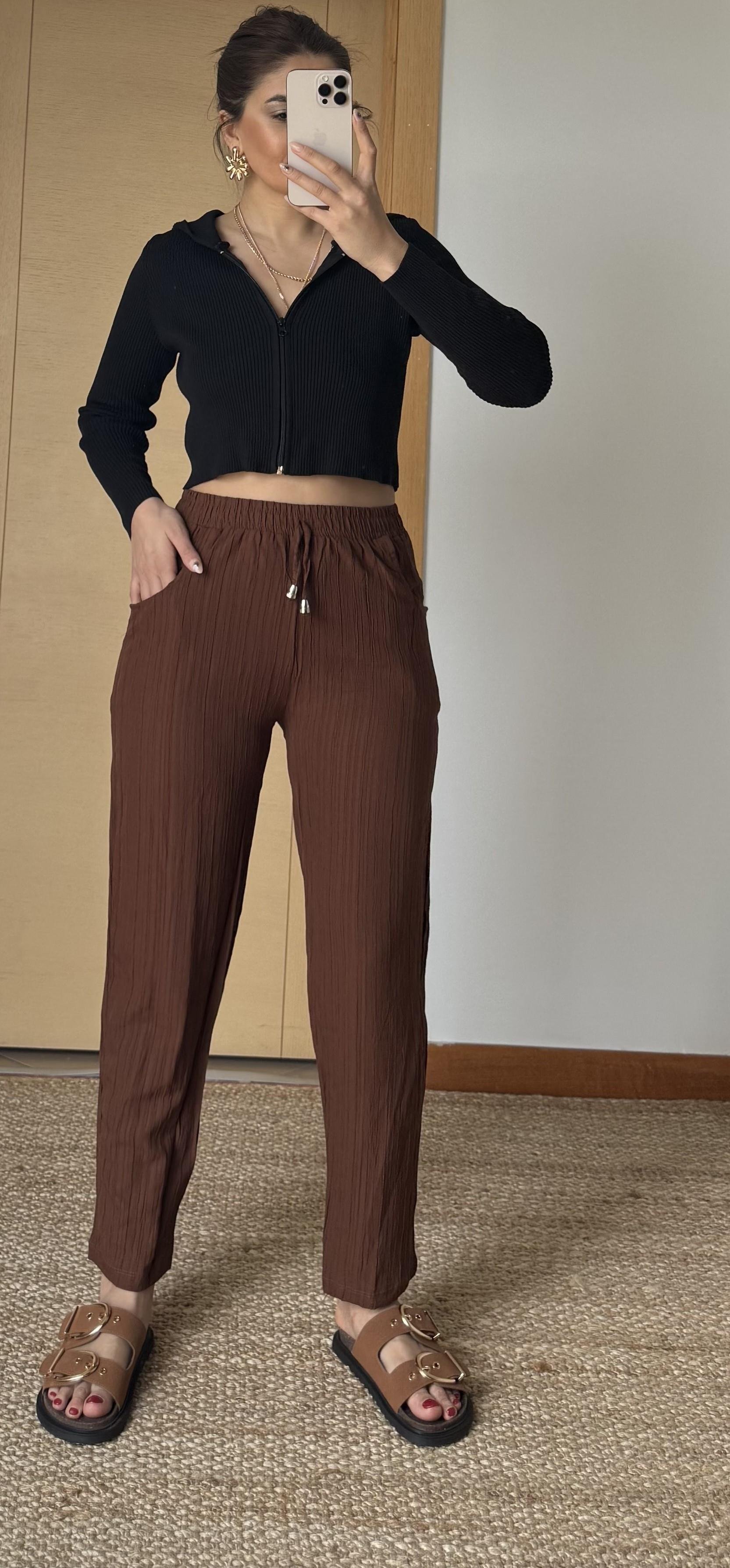  Beli Lastikli Dokulu Kadın Pantolon-Kahve