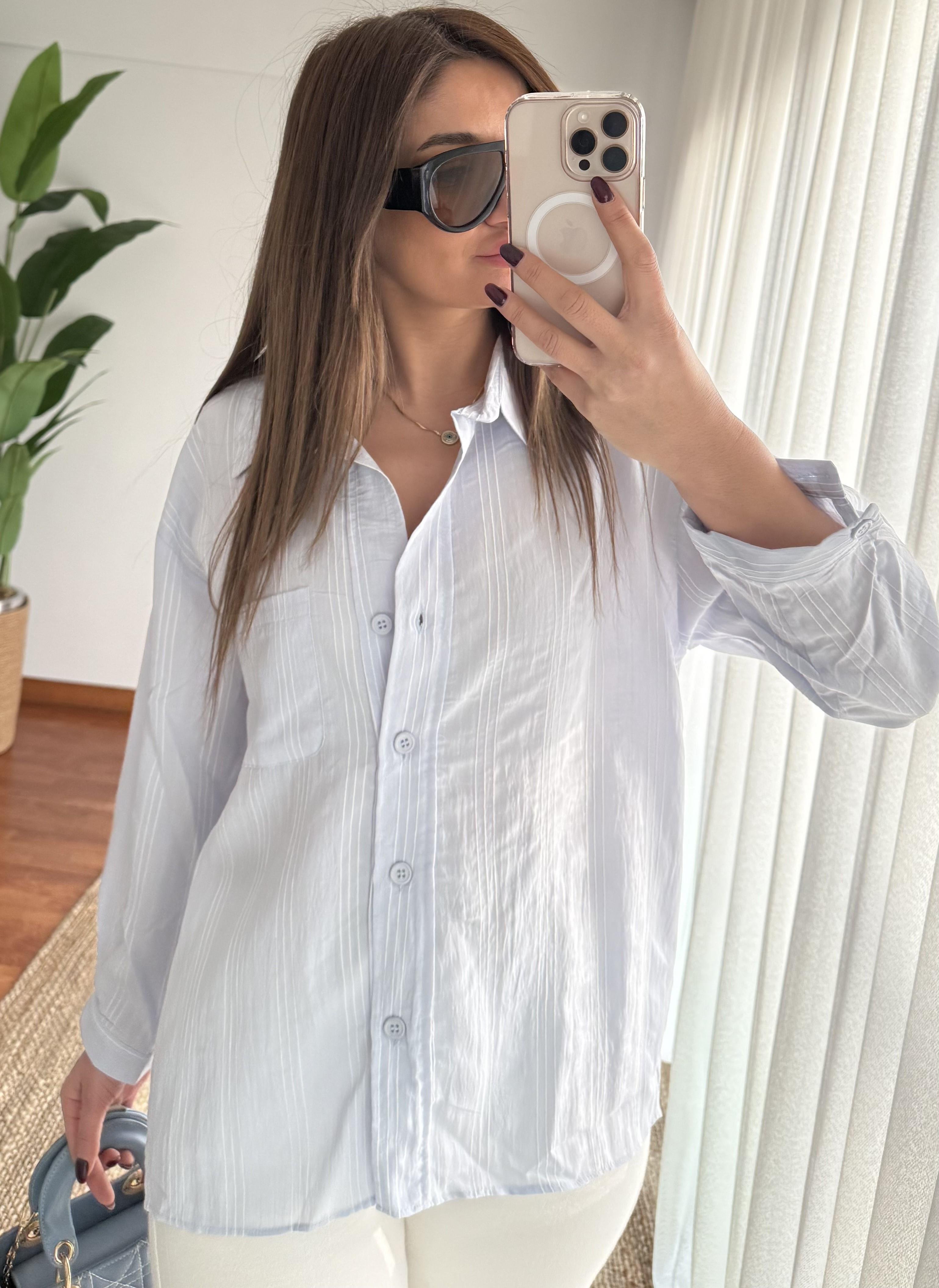  Beyaz Mavi Çizgili Detaylı Oversize Gömlek