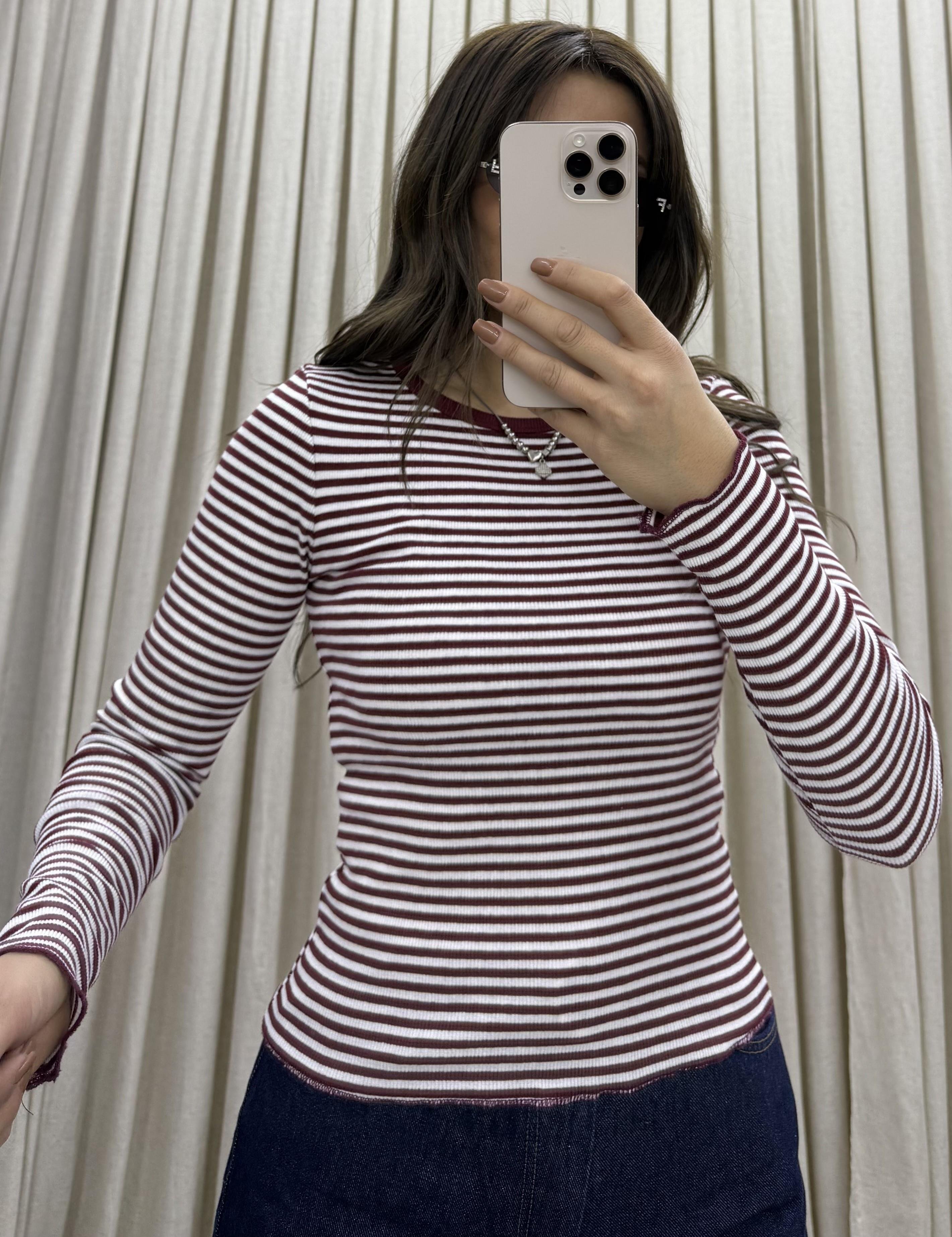 Çizgili bisiklet yaka uzun kollu t-shirt-Bordo
