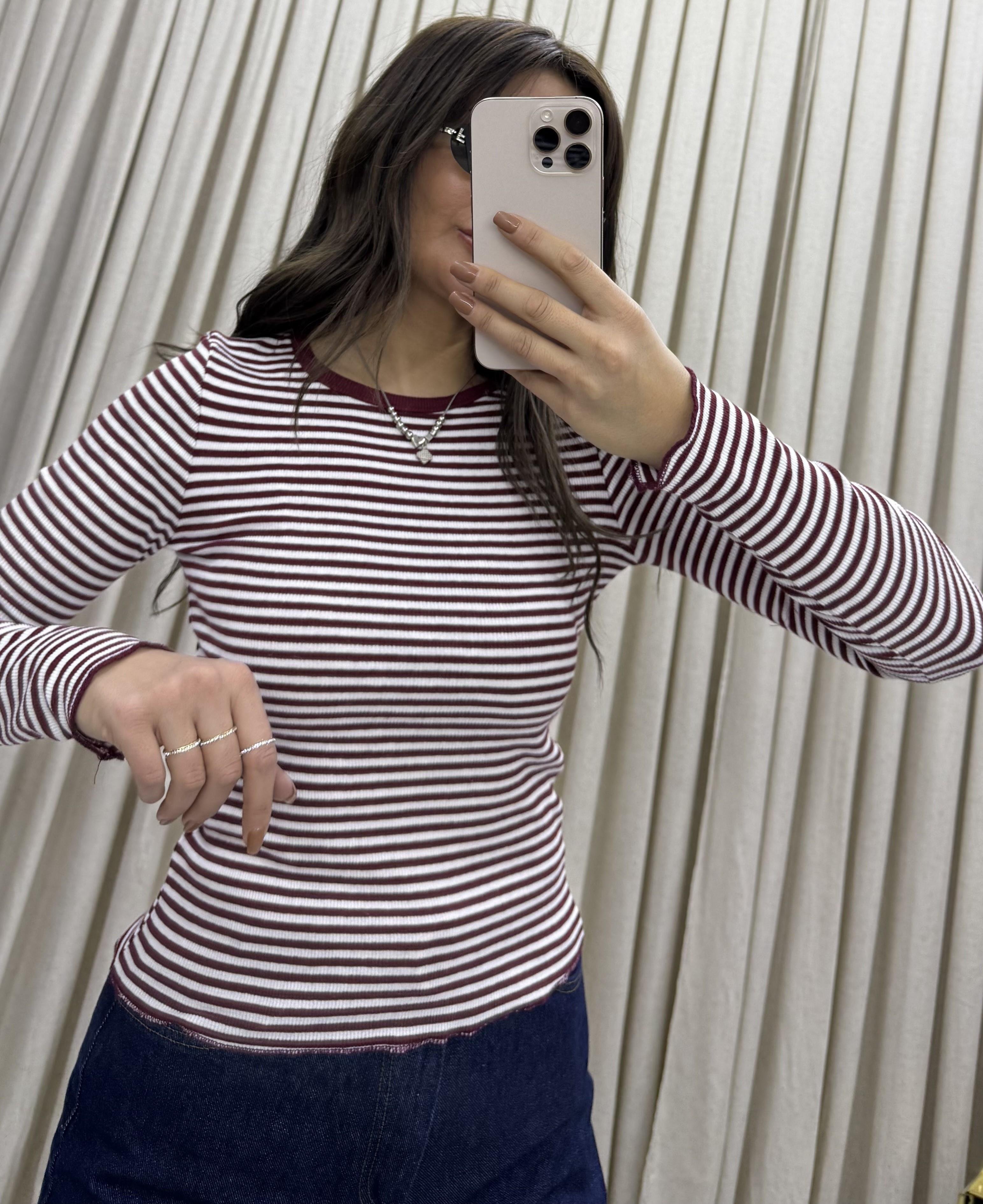  Çizgili bisiklet yaka uzun kollu t-shirt-Bordo