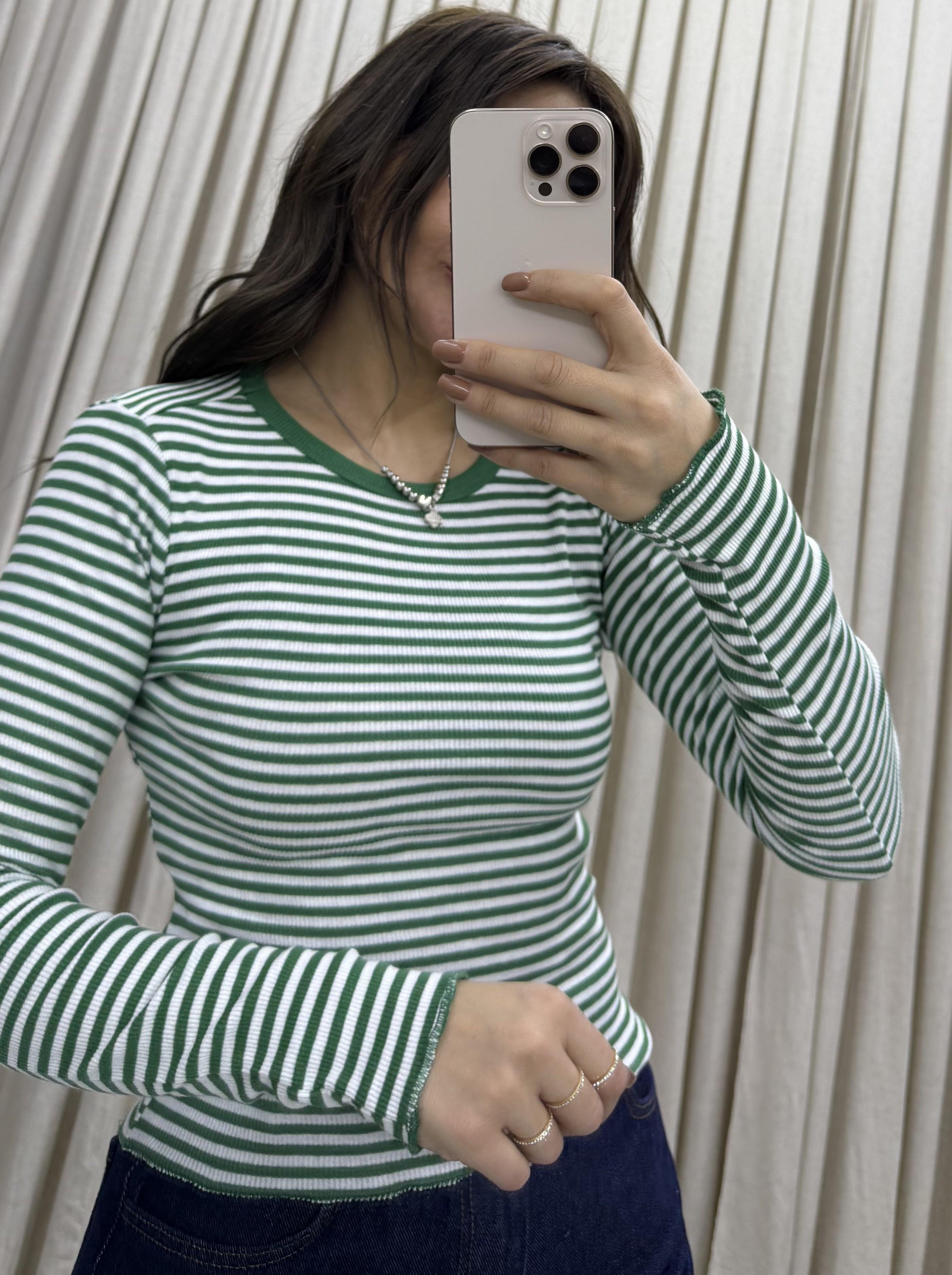  Çizgili bisiklet yaka uzun kollu t-shirt-Yeşil