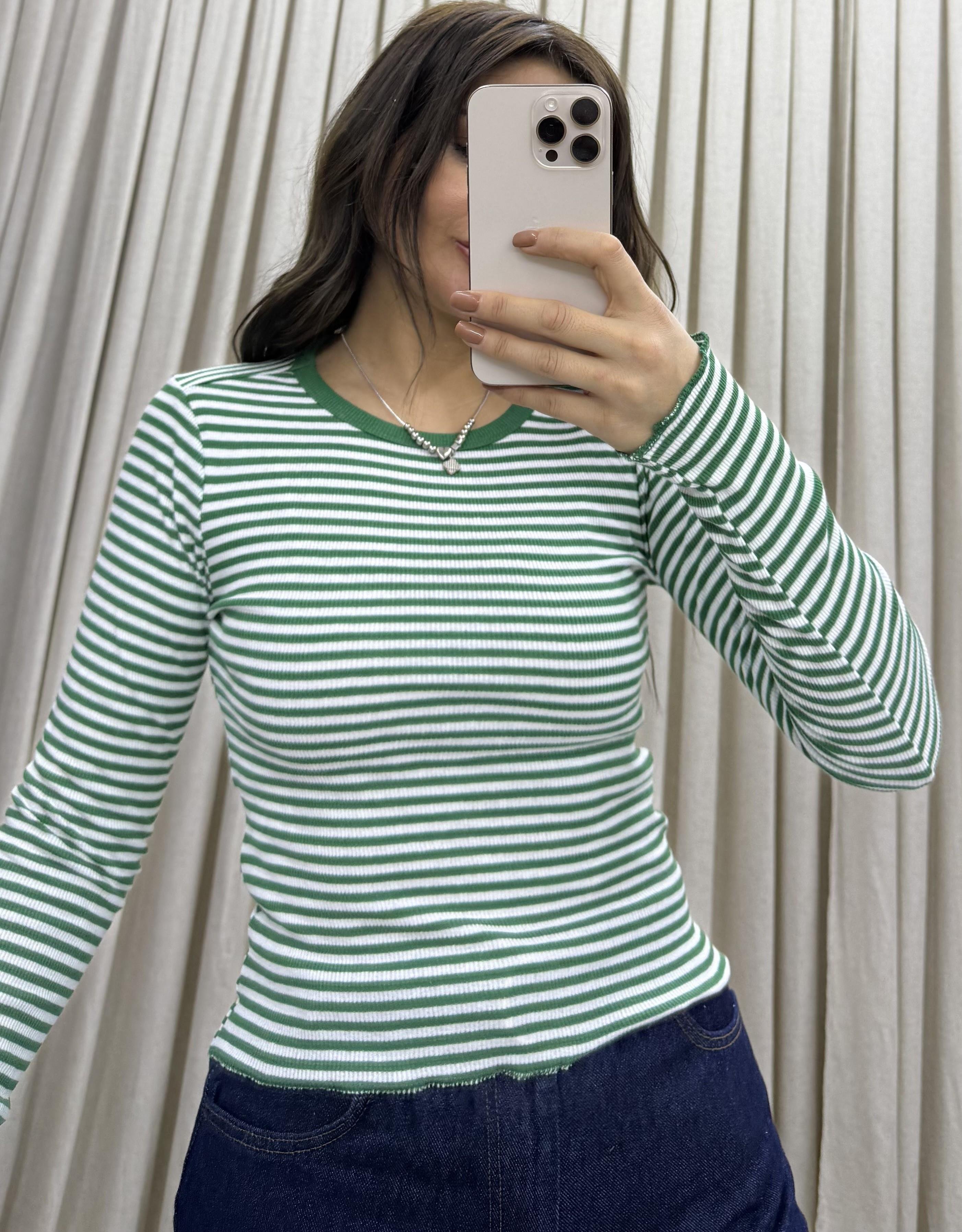 Çizgili bisiklet yaka uzun kollu t-shirt-Yeşil