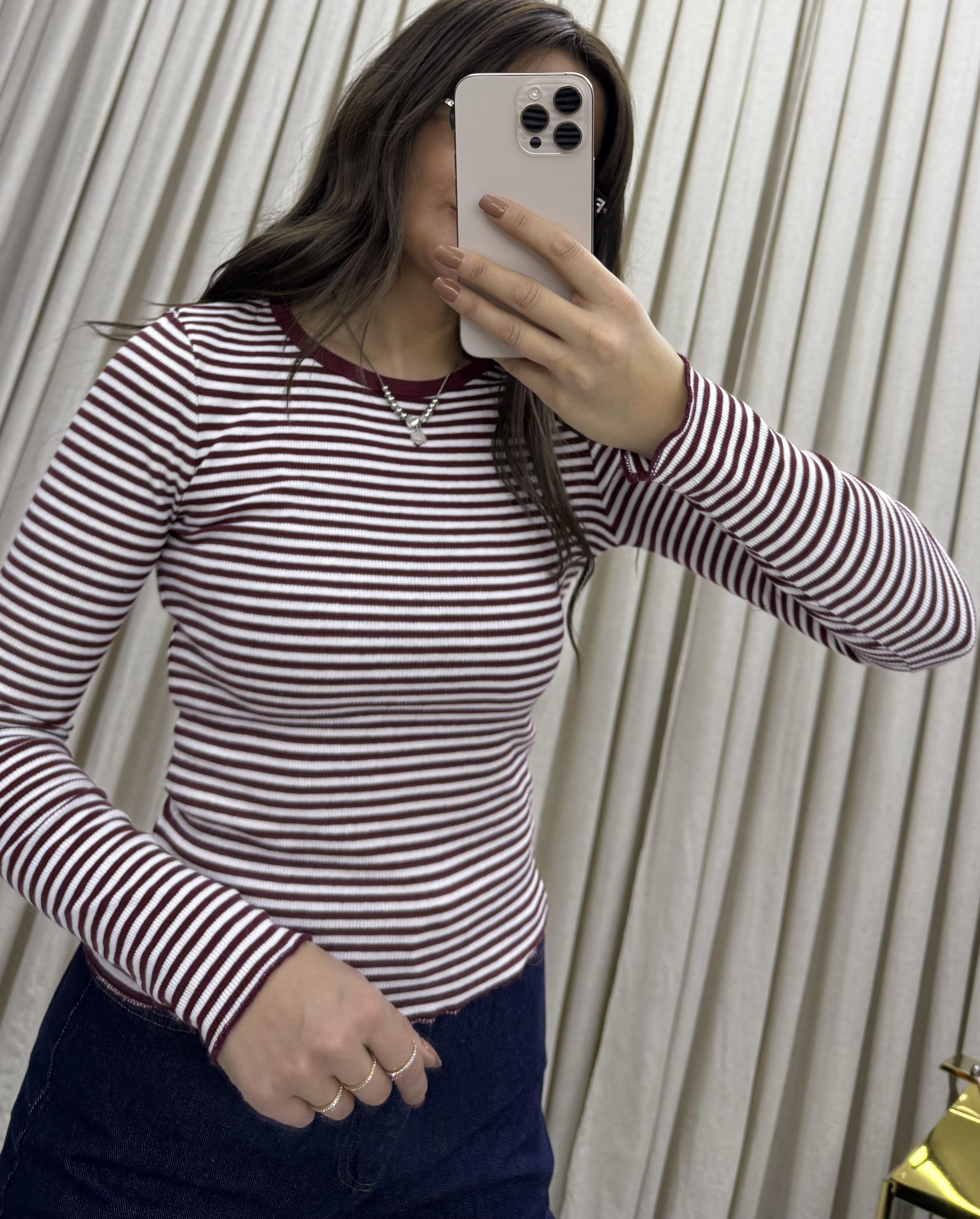  Çizgili bisiklet yaka uzun kollu t-shirt-Bordo